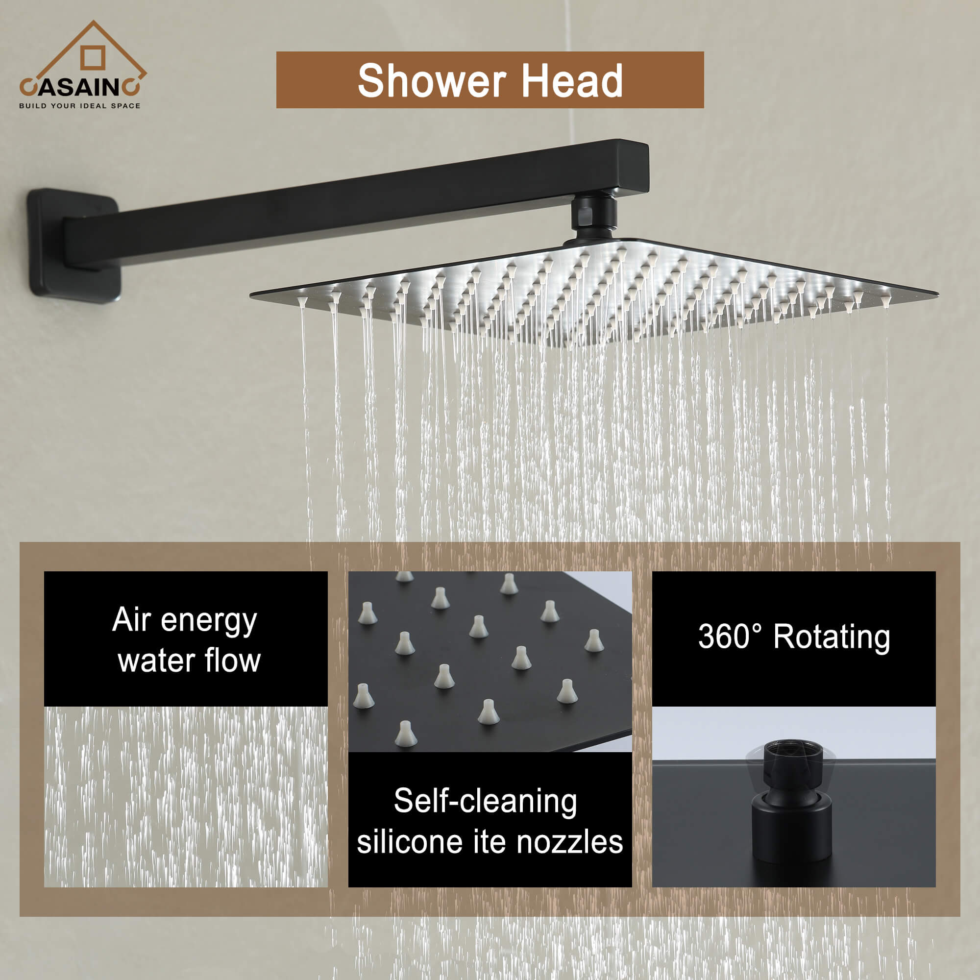 CASAINC Wall-Mounted/Ceiling-Mounted 2-Function Shower System with Handheld Shower in Matte Black