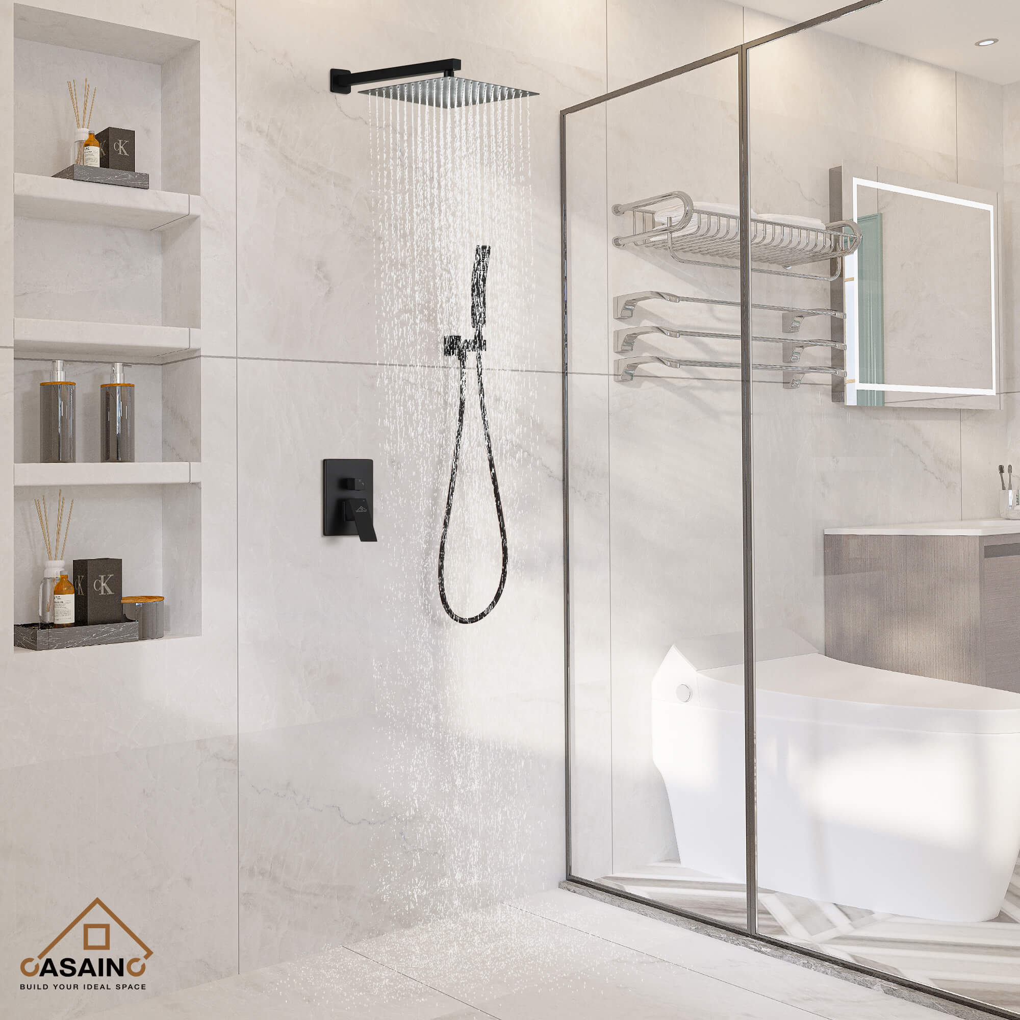 CASAINC Wall-Mounted/Ceiling-Mounted 2-Function Shower System with Handheld Shower in Matte Black
