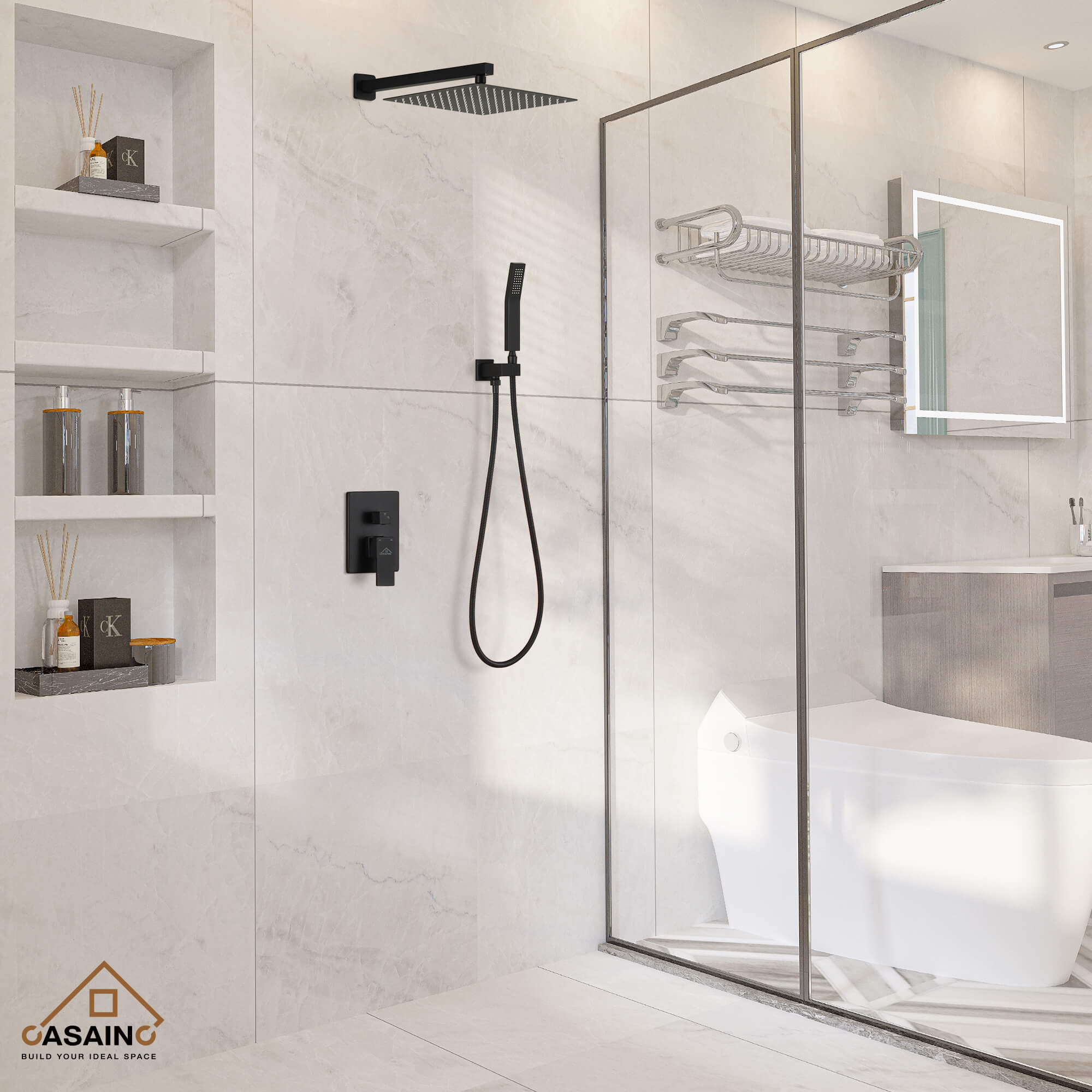 CASAINC Wall-Mounted/Ceiling-Mounted 2-Function Shower System with Handheld Shower in Matte Black