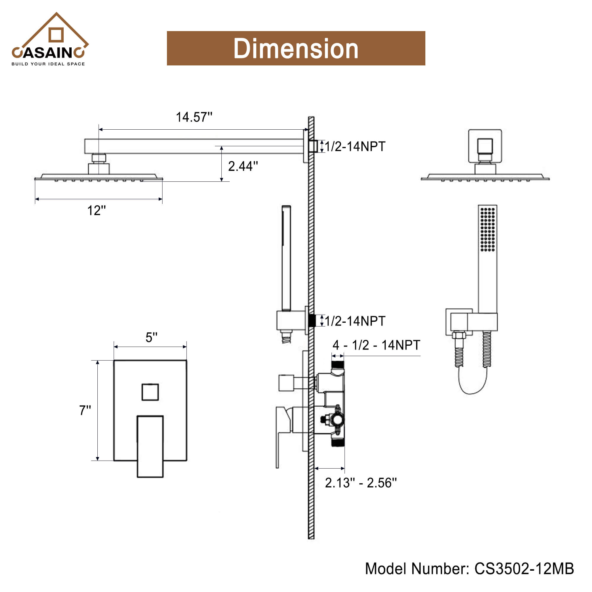 CASAINC Wall-Mounted/Ceiling-Mounted 2-Function Shower System with Handheld Shower in Matte Black