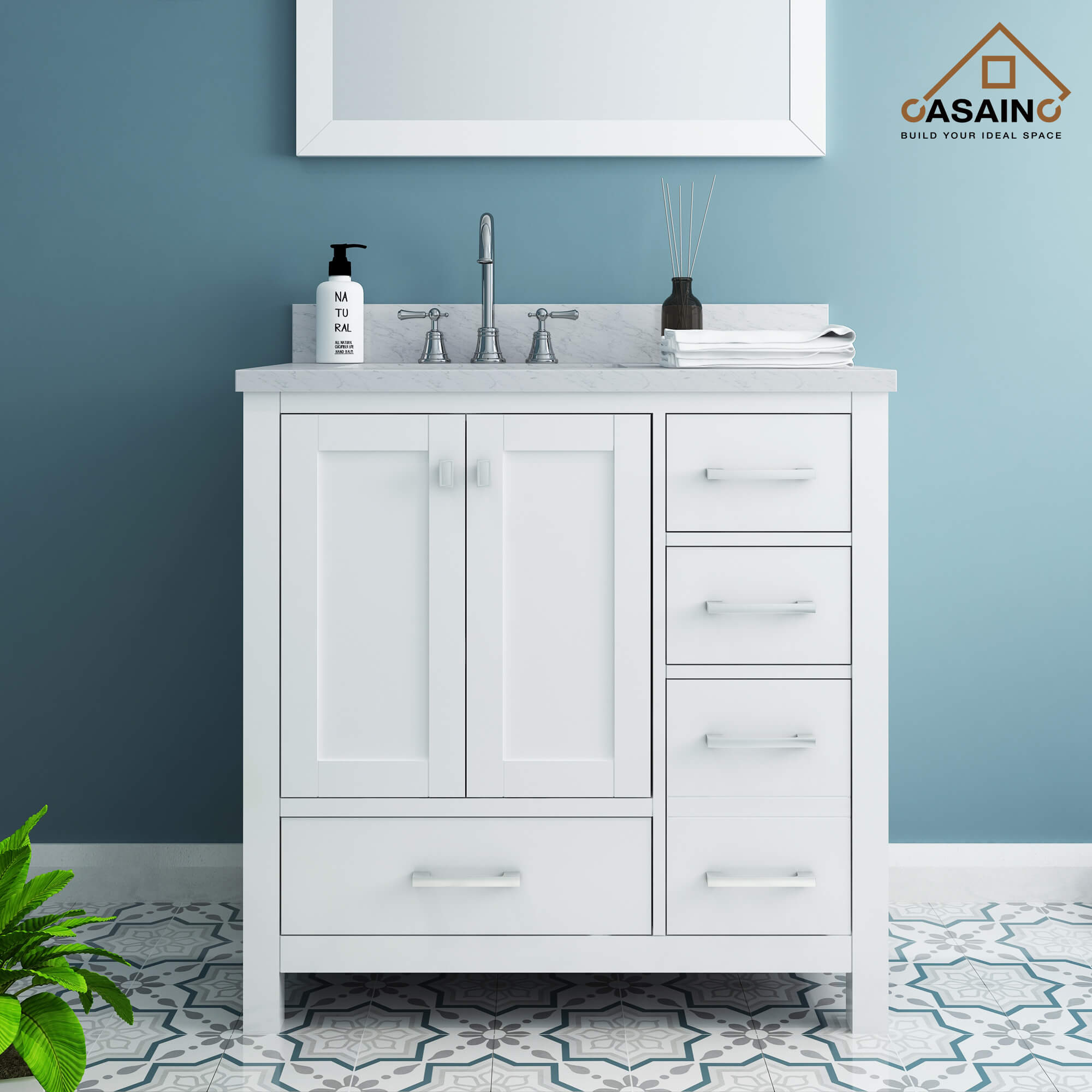 CASAINC 36 x 22 x 35.4 in. Solid Wood Bath Vanity with Carrara White Marble Countertop in Gray/White