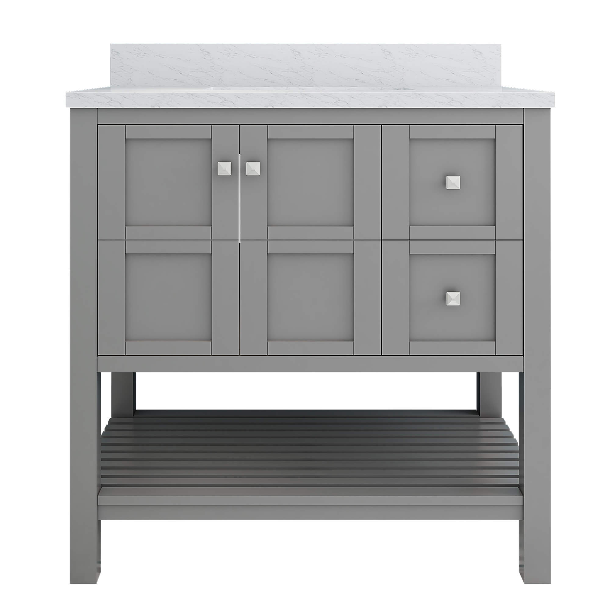 CASAINC 36 x 22 x 35.4 in. Solid Wood Bath Vanity with Carrara White Marble Top and Shelf in Gray/White (No/With Mirror)