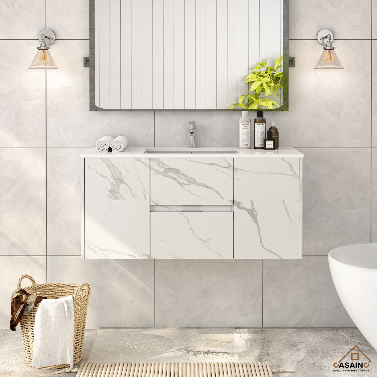 CASAINC 48-in Single Sink Bathroom Vanity in White Marble Grain with White Top