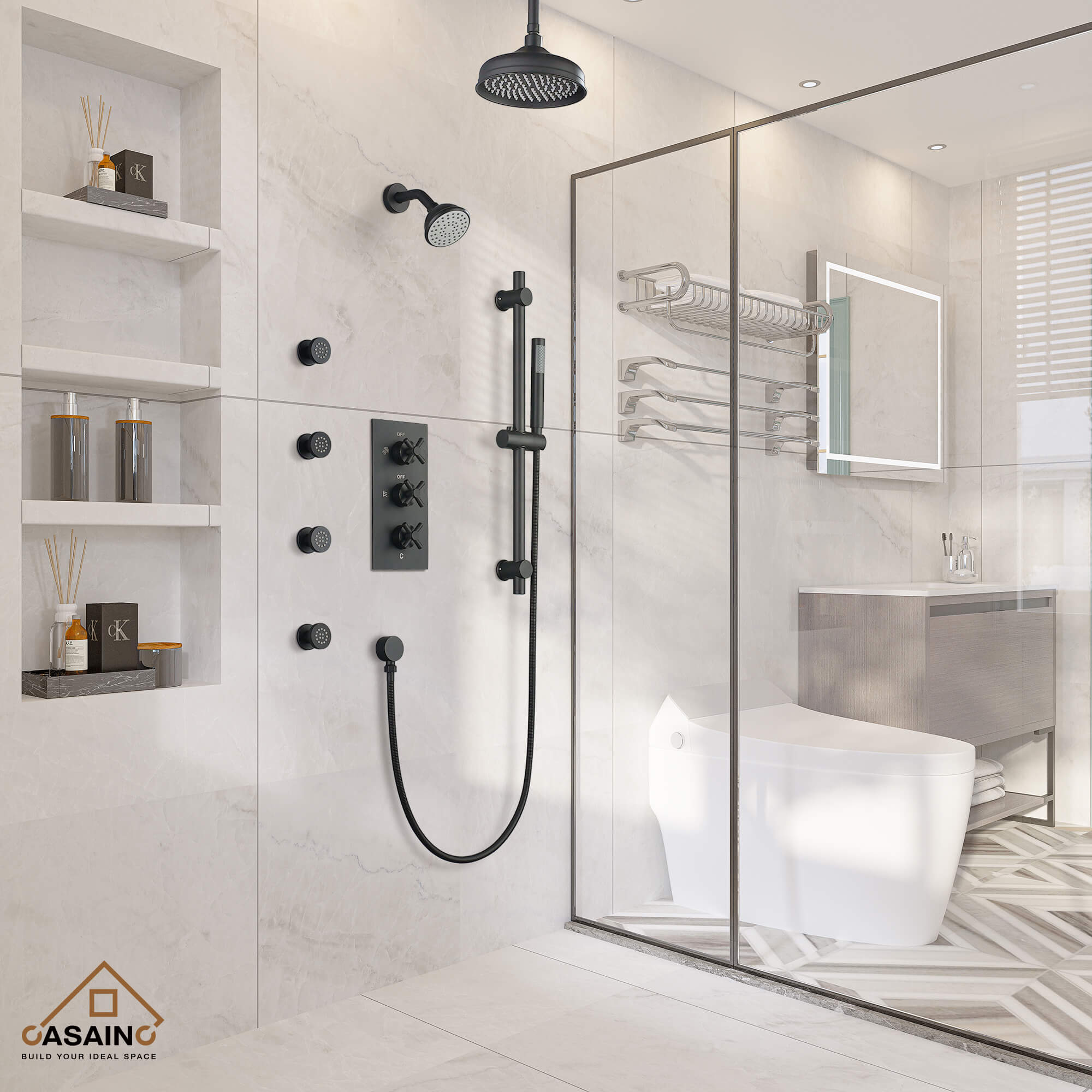 CASAINC Thermostatic shower system Matte Black Shower Faucet Bar System  with 2-way Diverter Valve Included in the Shower Systems department at