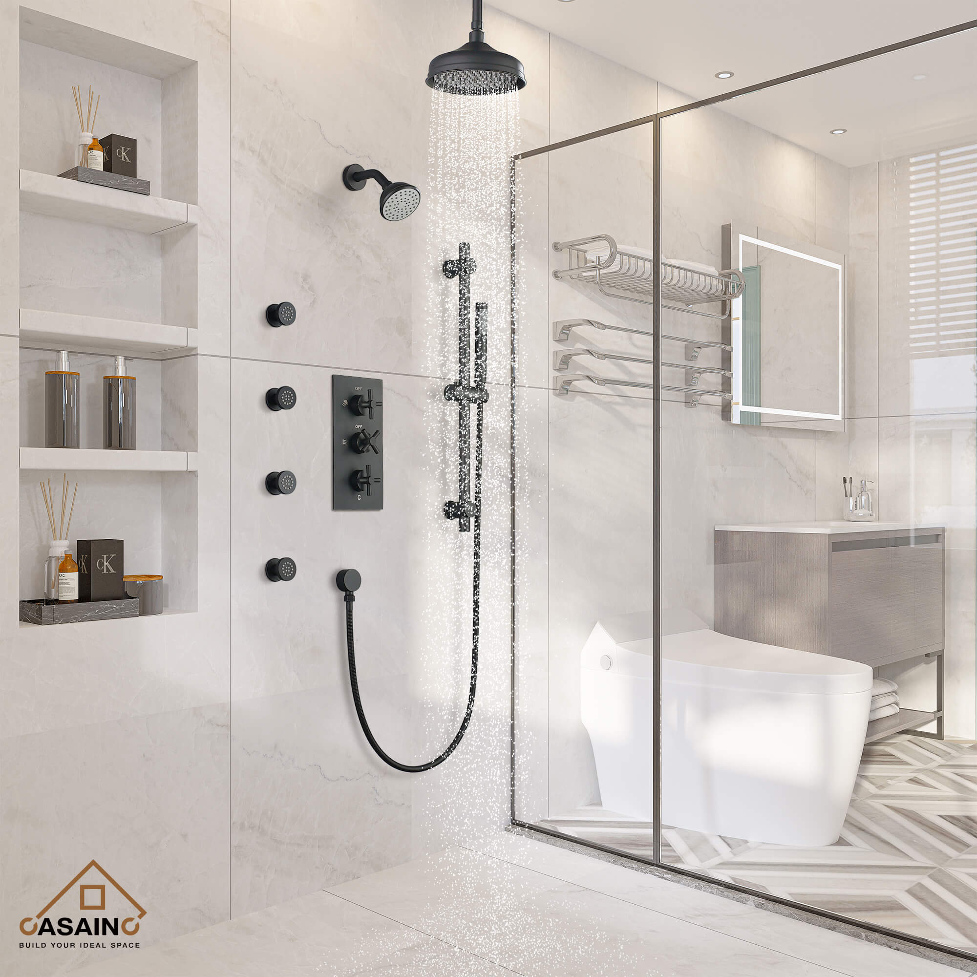 CASAINC 8" Multifunctional Shower System with Sliding Bar & Handheld Shower & 4 Body Sprays 
