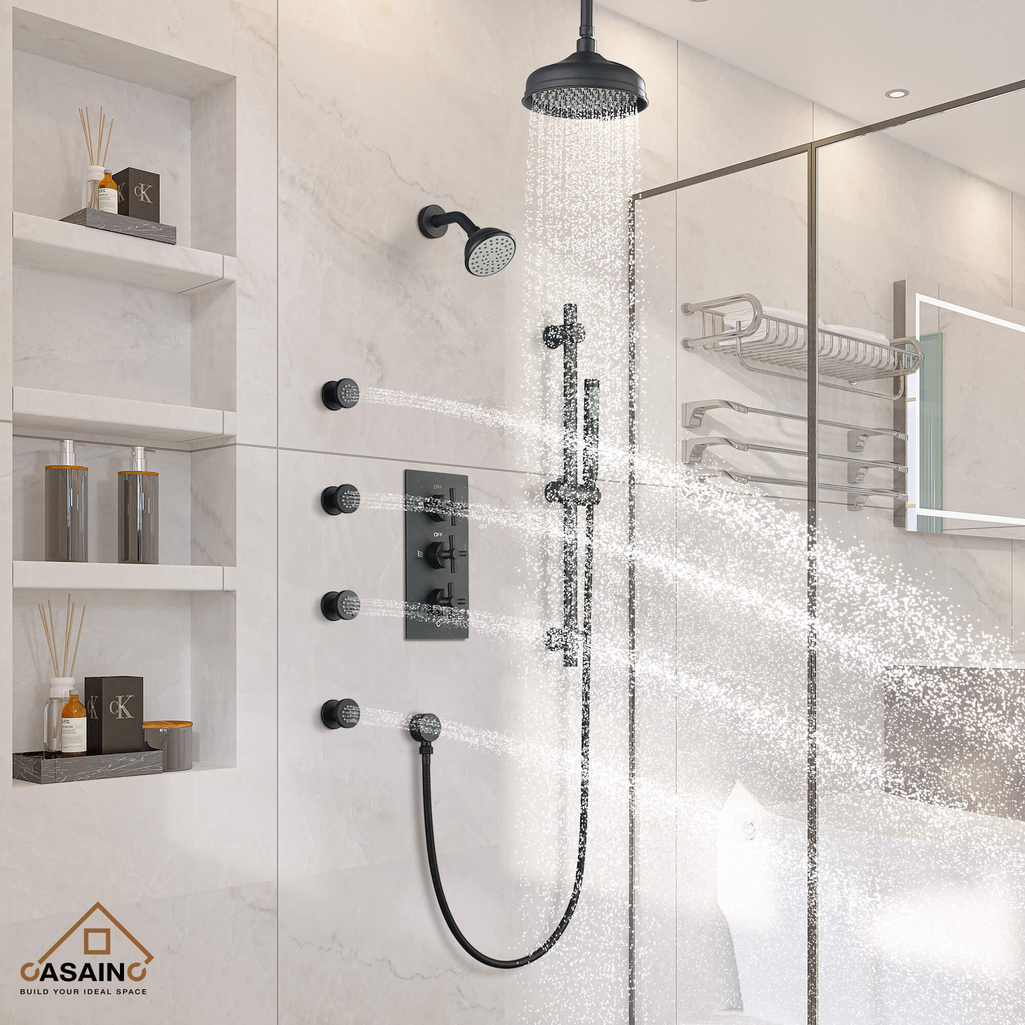 CASAINC 8" Multifunctional Shower System with Sliding Bar & Handheld Shower & 4 Body Sprays 