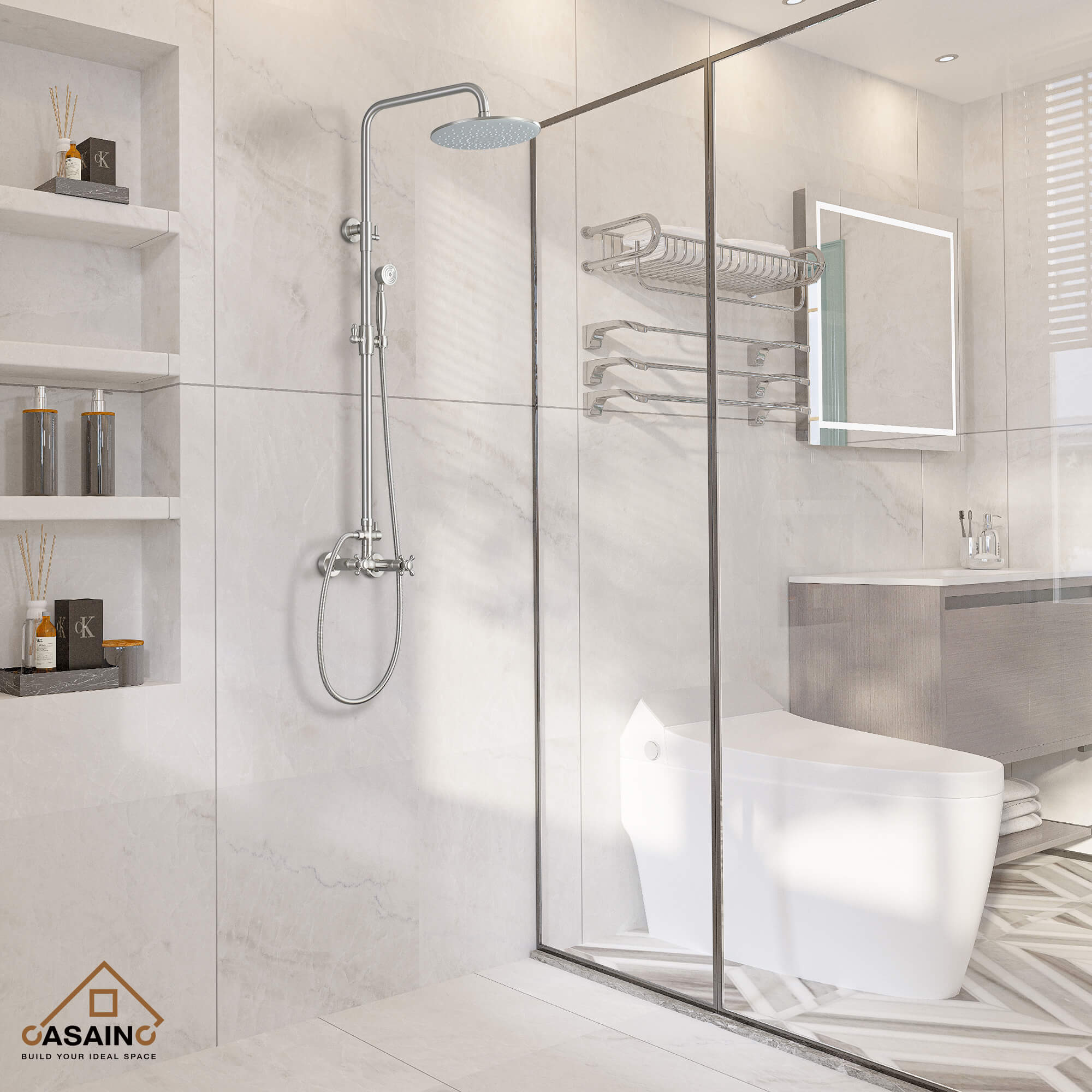 CASAINC Exposed Pipe 10-in Rainfall Shower System with Handheld Shower