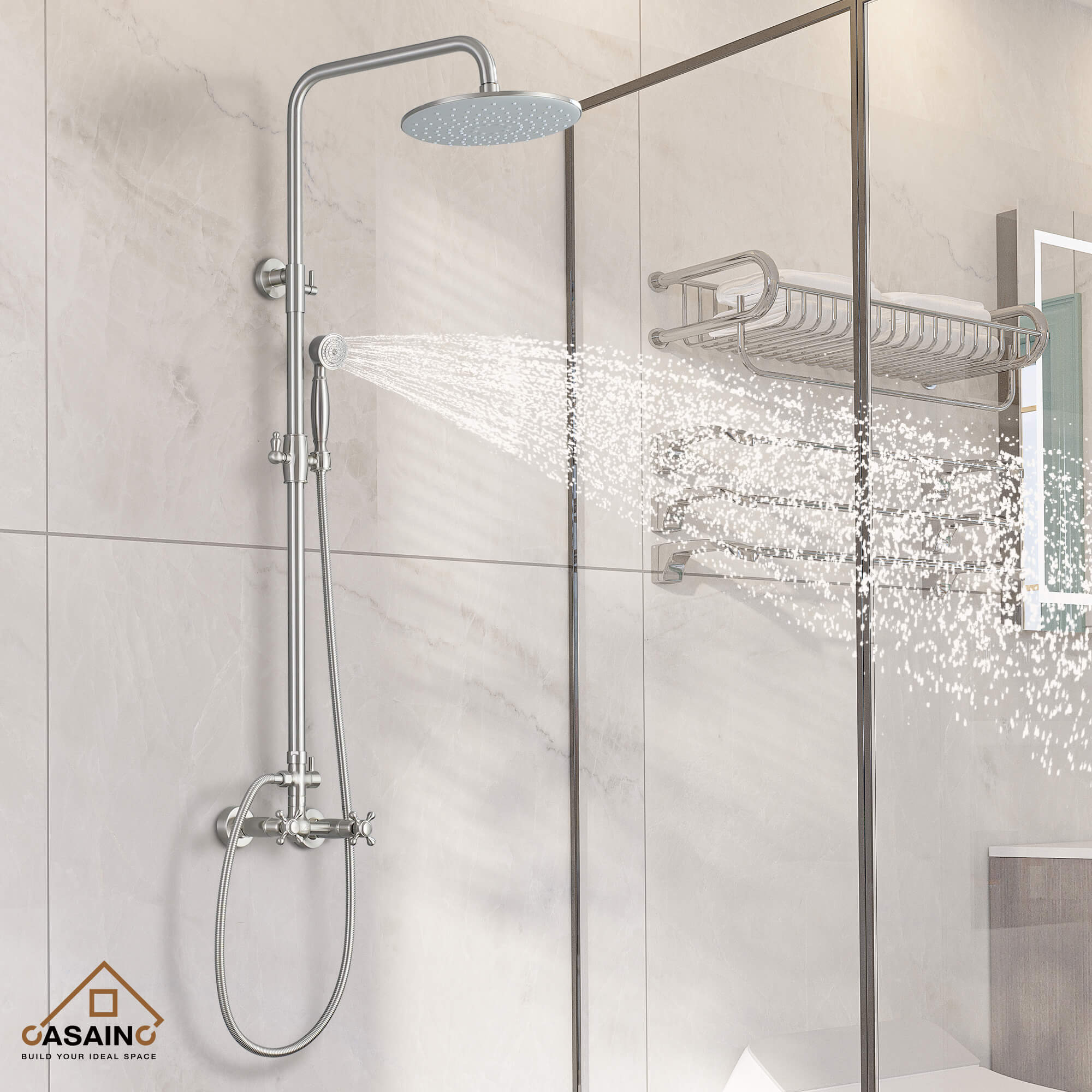 CASAINC Exposed Pipe 10-in Rainfall Shower System with Handheld Shower
