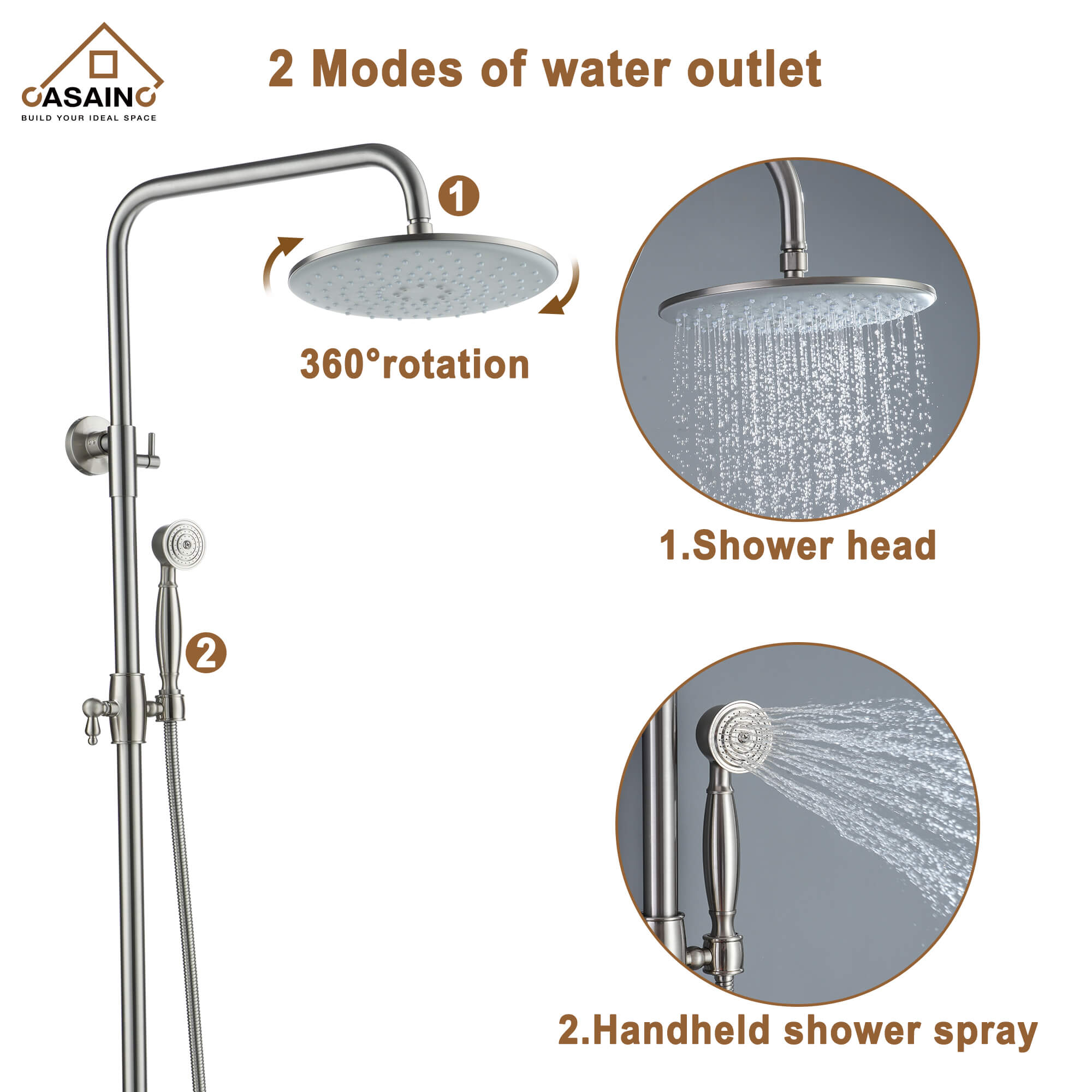 CASAINC Exposed Pipe 10-in Rainfall Shower System with Handheld Shower