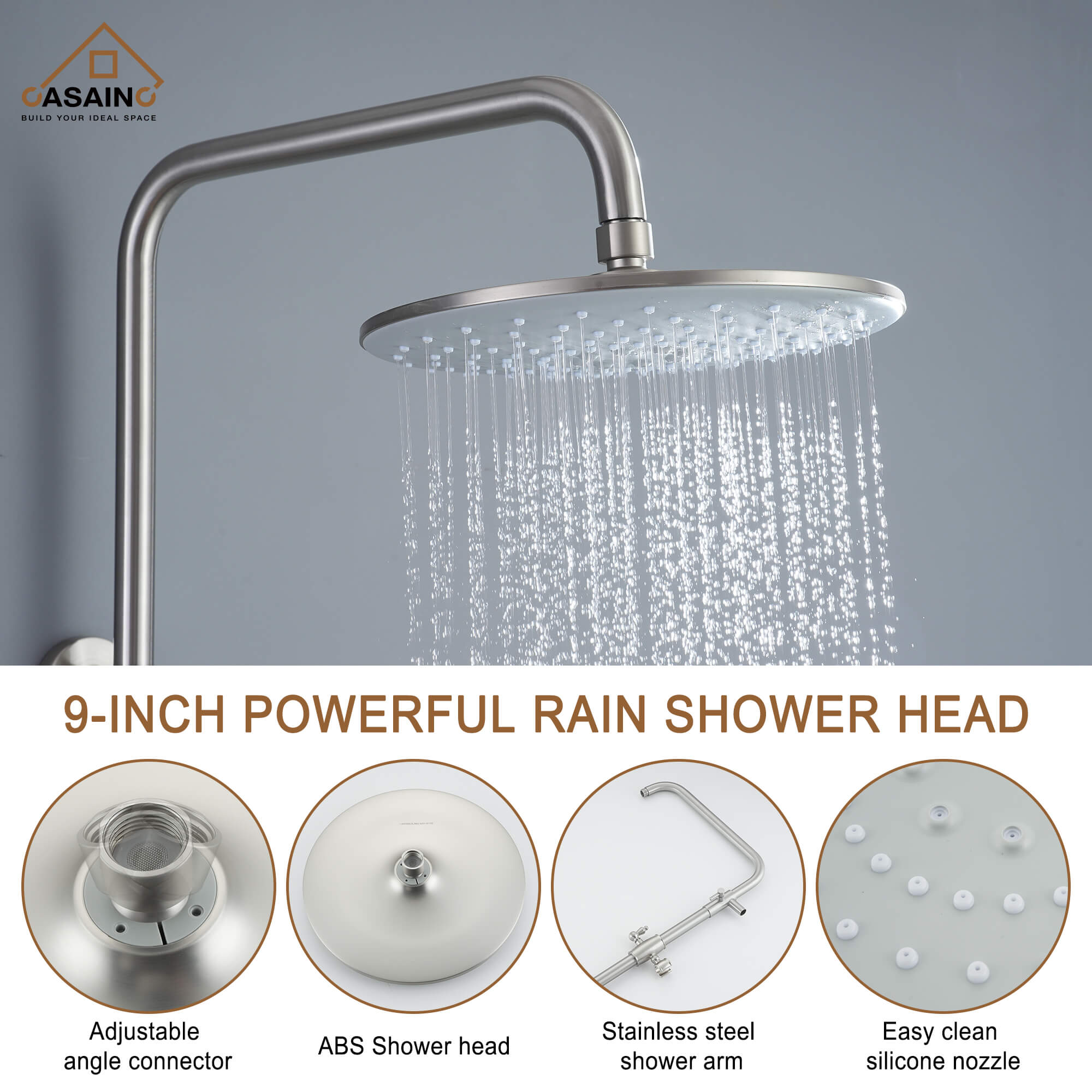 CASAINC Exposed Pipe 10-in Rainfall Shower System with Handheld Shower