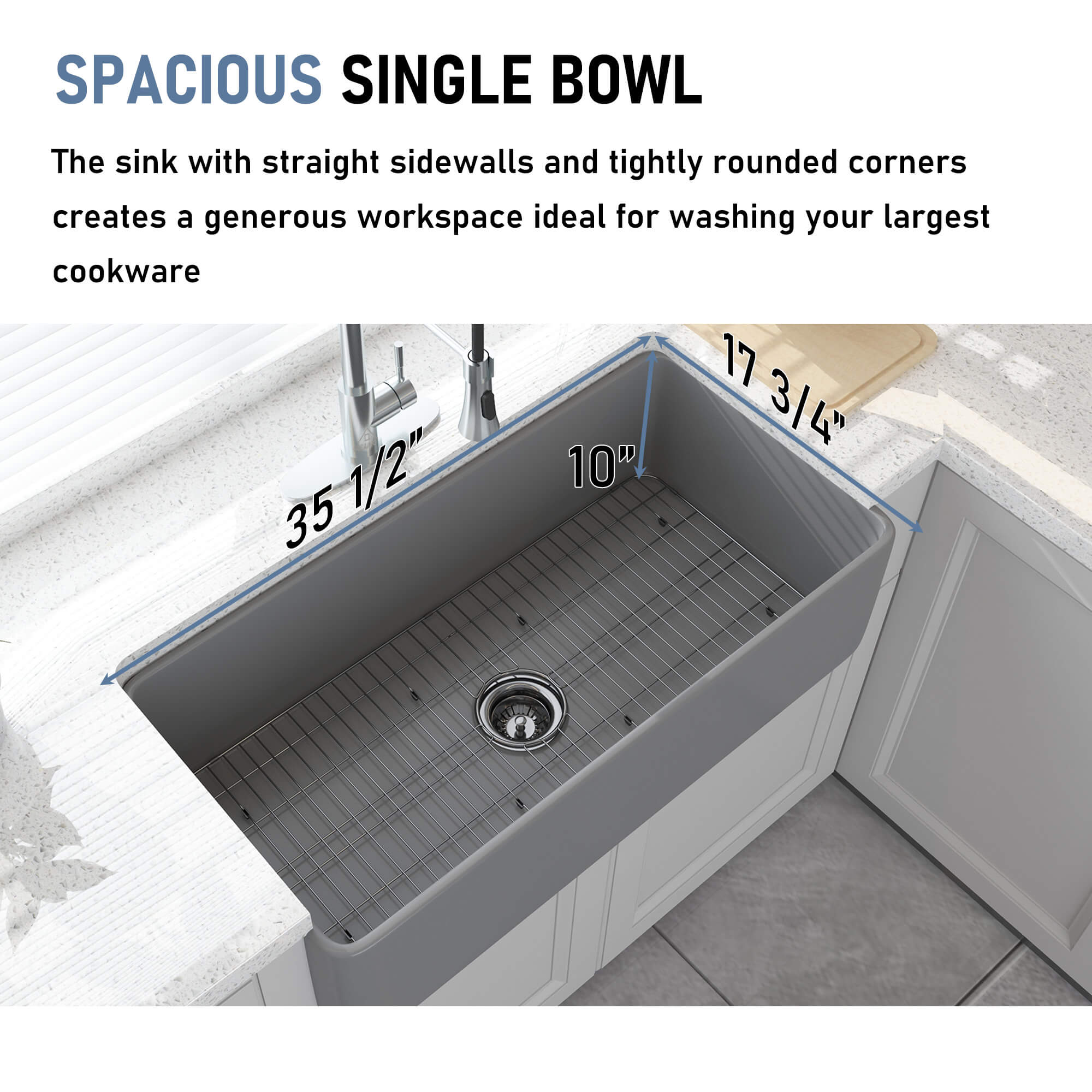 CASAINC Fireclay 36 in. Single Bowl Farmhouse Apron Kitchen Sink with Bottom Grid and Strainers With cUPC Certified, in White Glossy/Matte Black/Matte Gray