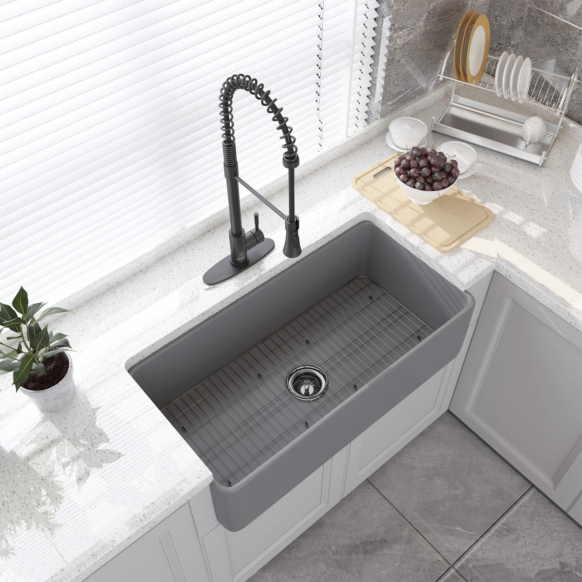 CASAINC Fireclay 36 in. Single Bowl Farmhouse Apron Kitchen Sink with Bottom Grid and Strainers With cUPC Certified, in White Glossy/Matte Black/Matte Gray