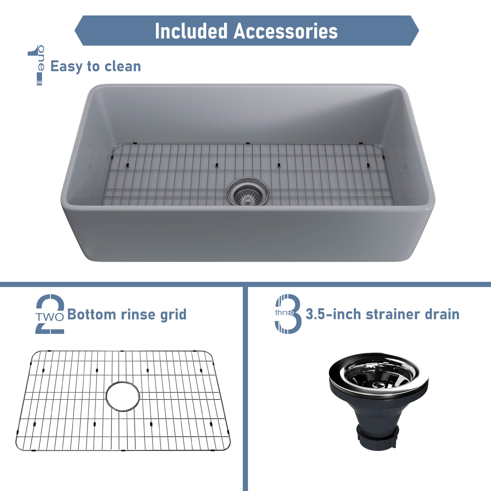 CASAINC Fireclay 36 in. Single Bowl Farmhouse Apron Kitchen Sink with Bottom Grid and Strainers With cUPC Certified, in White Glossy/Matte Black/Matte Gray