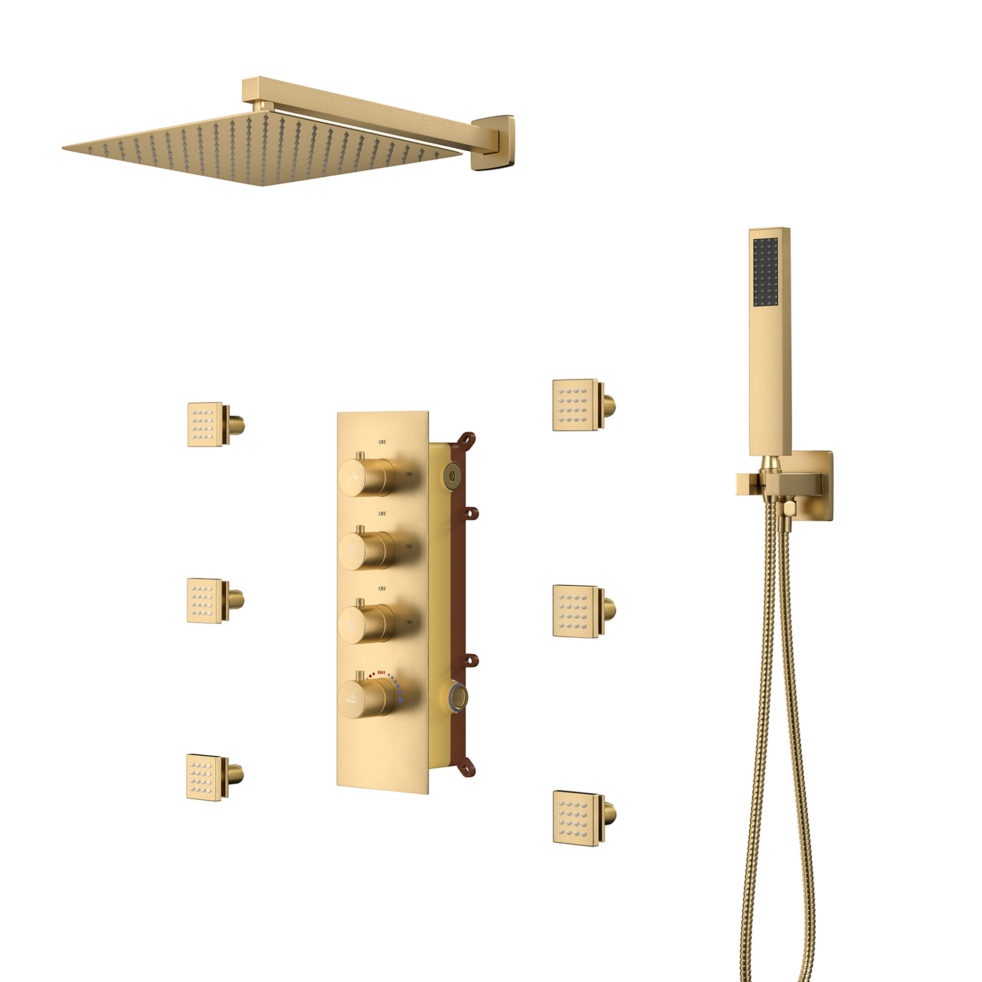 12 in. Thermostatic Wall Mounted Rainfall Shower Faucet Dual Shower Heads System With 6 Body Jets, bronze tones