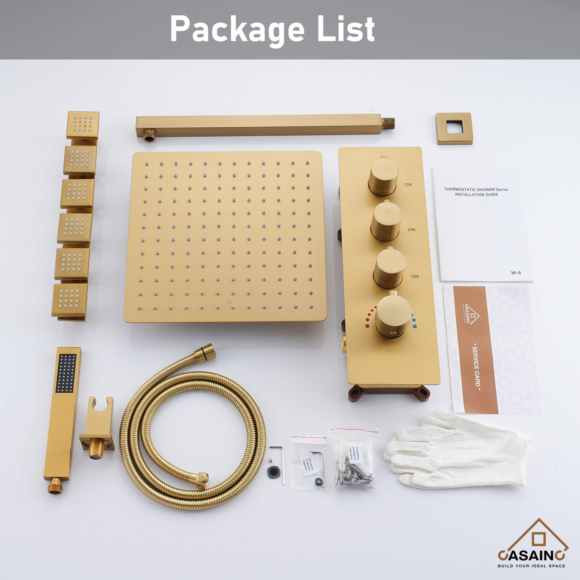 CASAINC Luxury 12 in. Thermostatic Wall Mounted Rainfall Shower Faucet Dual Shower Heads System With 6 Body Jets