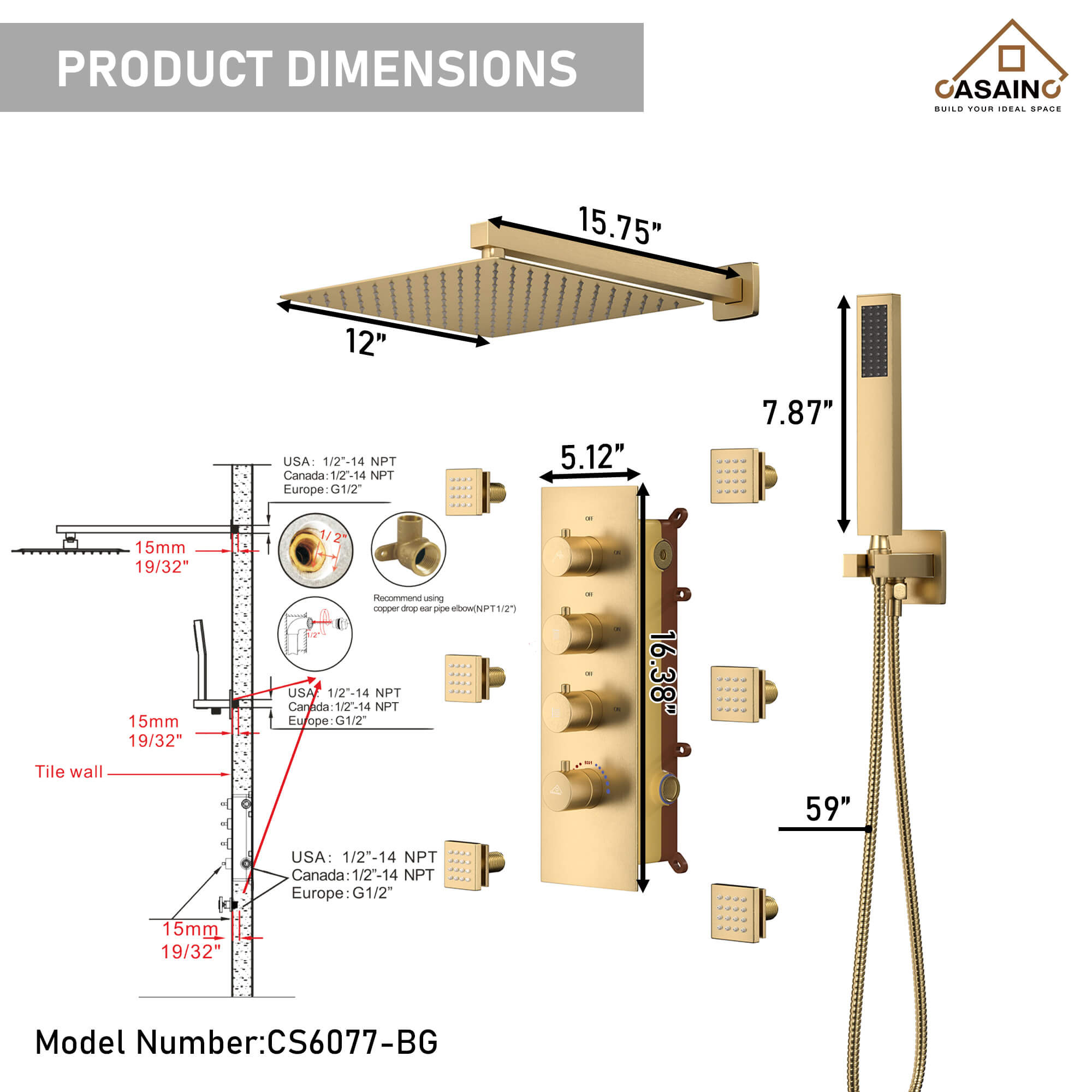CASAINC Luxury 12 in. Thermostatic Wall Mounted Rainfall Shower Faucet Dual Shower Heads System With 6 Body Jets