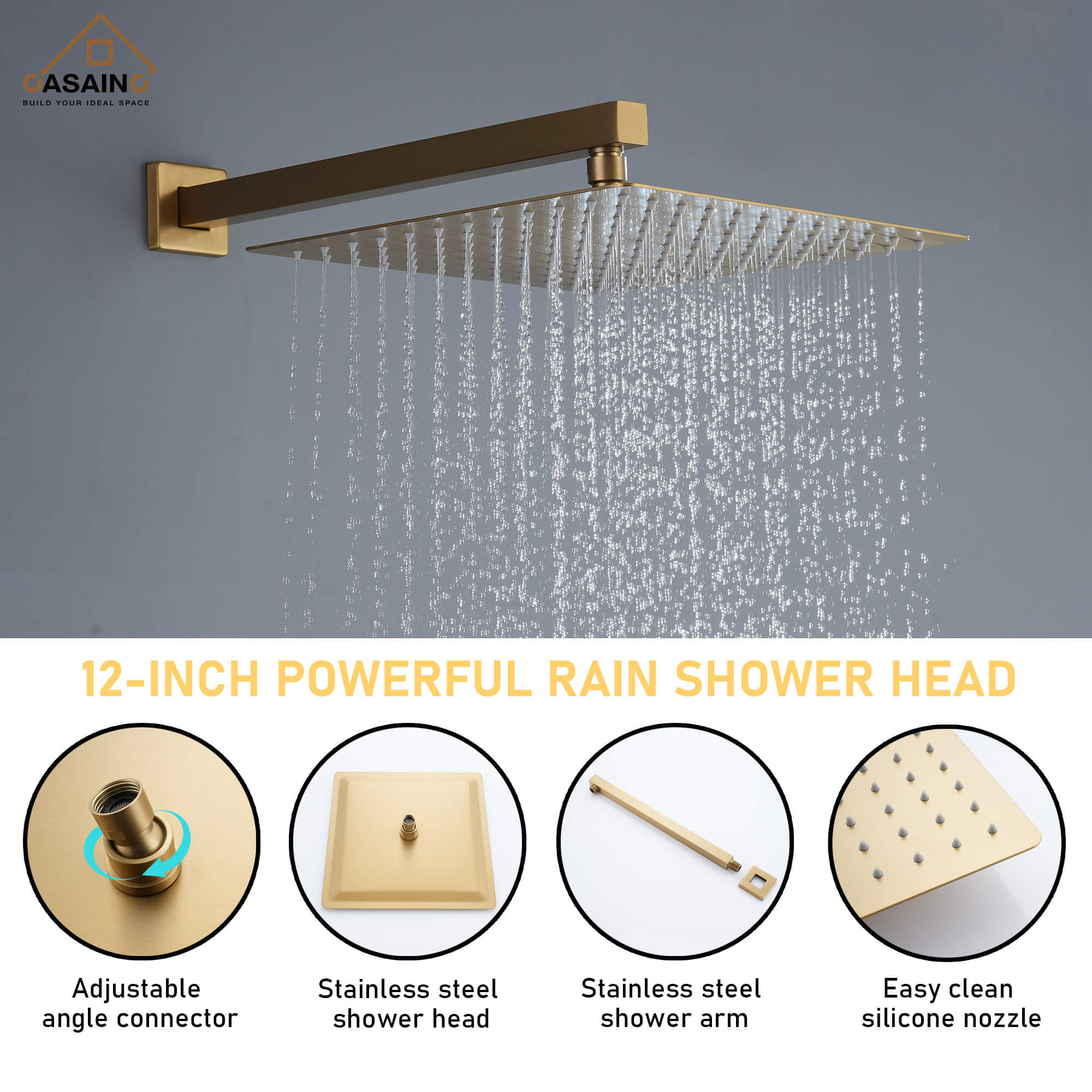 CASAINC Luxury 12 in. Thermostatic Wall Mounted Rainfall Shower Faucet Dual Shower Heads System With 6 Body Jets