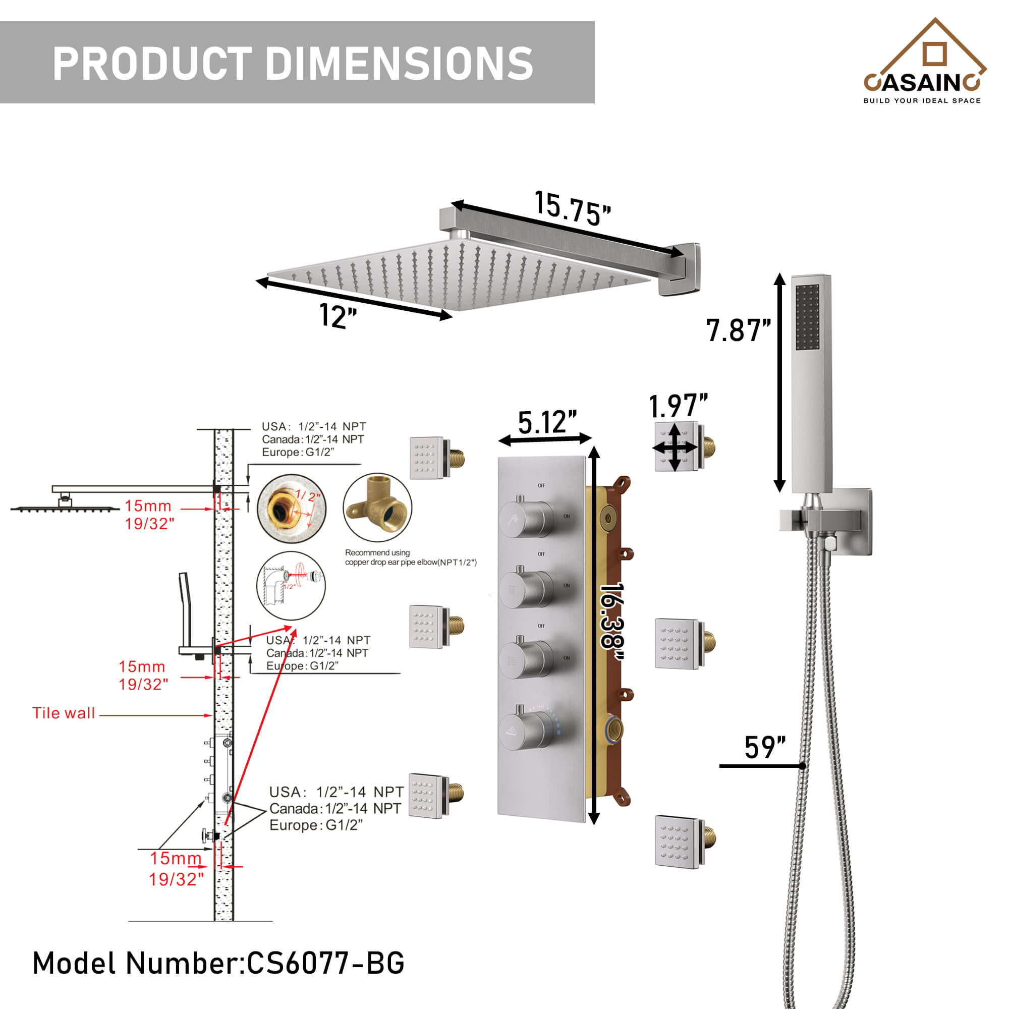 CASAINC Luxury 12 in. Thermostatic Wall Mounted Rainfall Shower Faucet Dual Shower Heads System With 6 Body Jets
