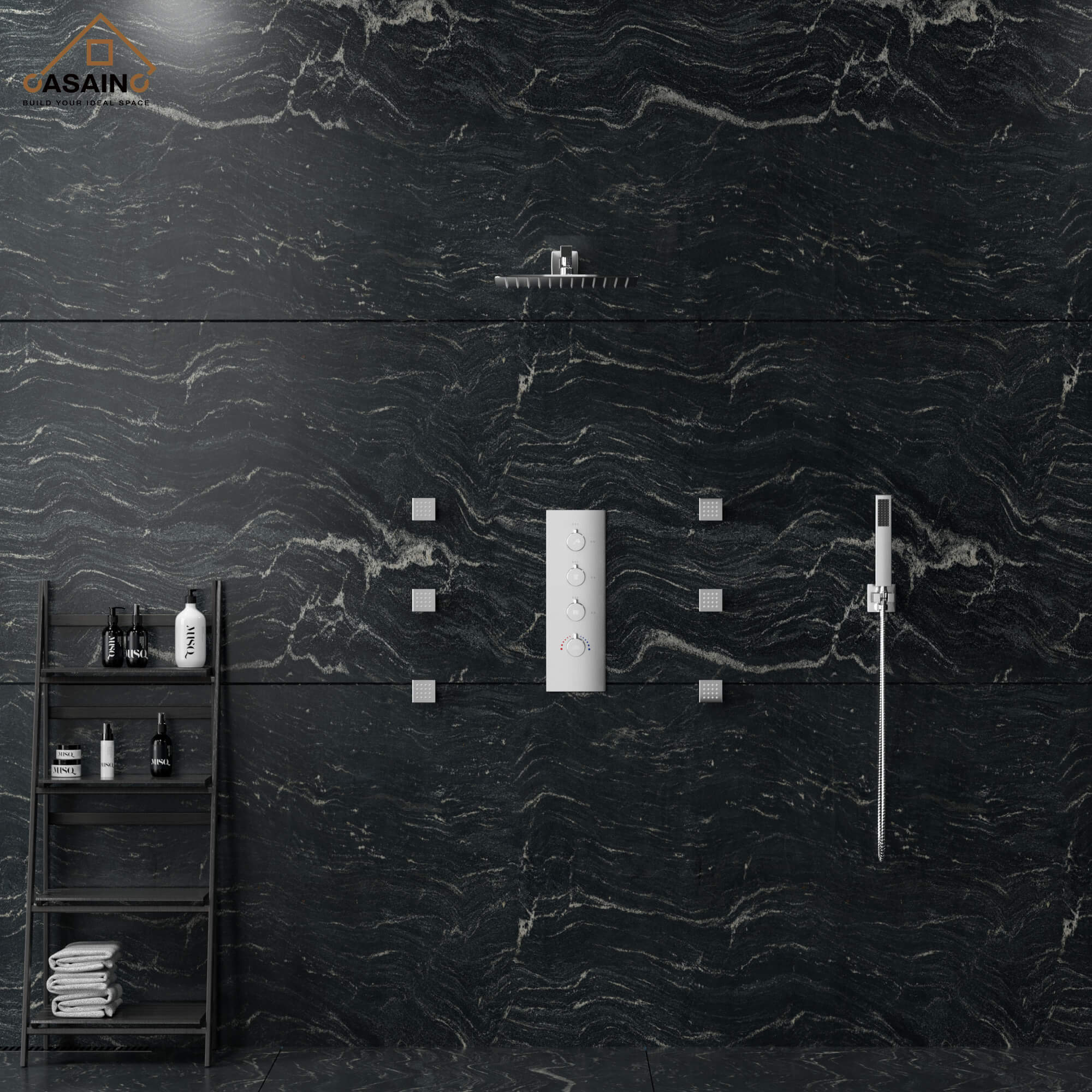 CASAINC Luxury 12 in. Thermostatic Wall Mounted Rainfall Shower Faucet Dual Shower Heads System With 6 Body Jets