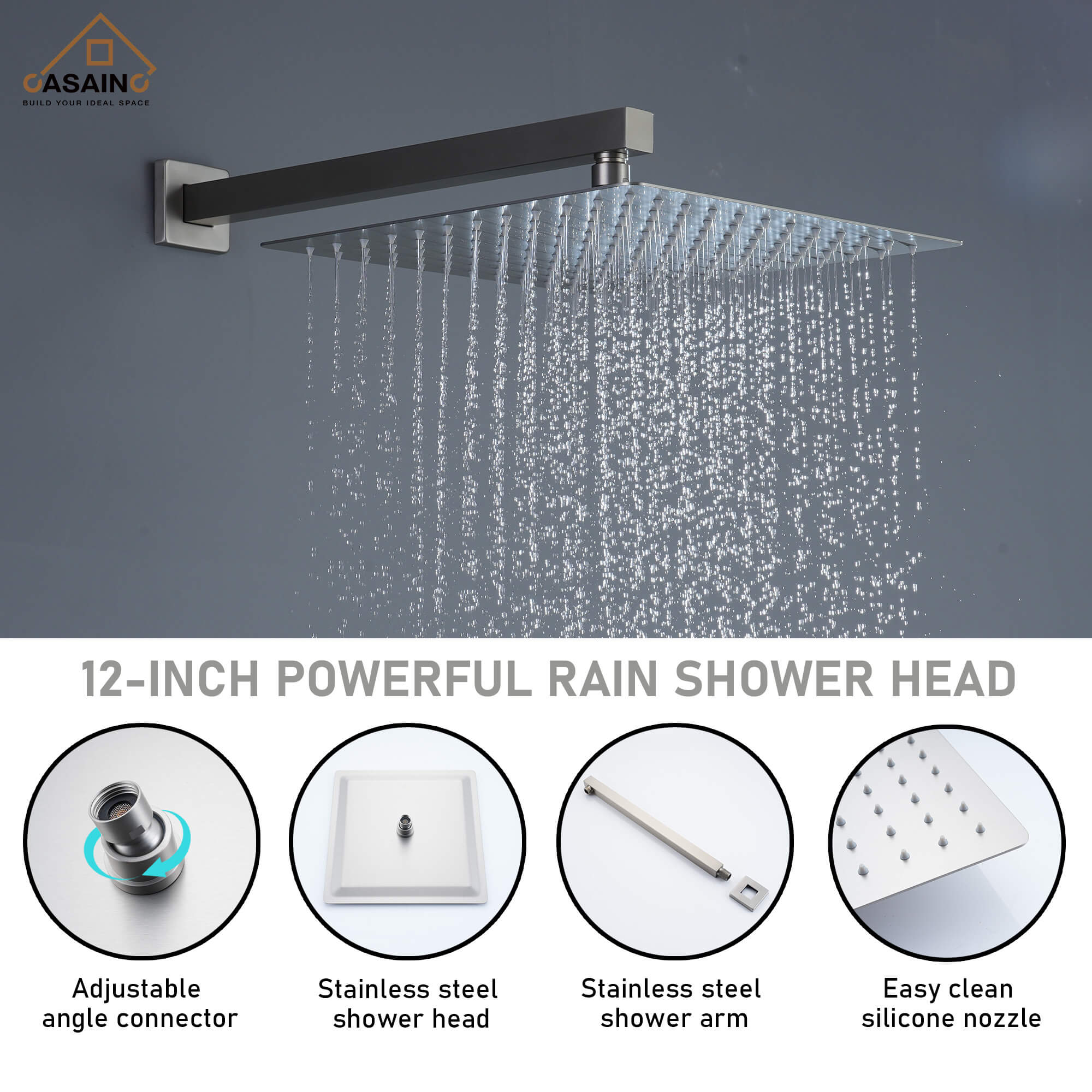 CASAINC Luxury 12 in. Thermostatic Wall Mounted Rainfall Shower Faucet Dual Shower Heads System With 6 Body Jets