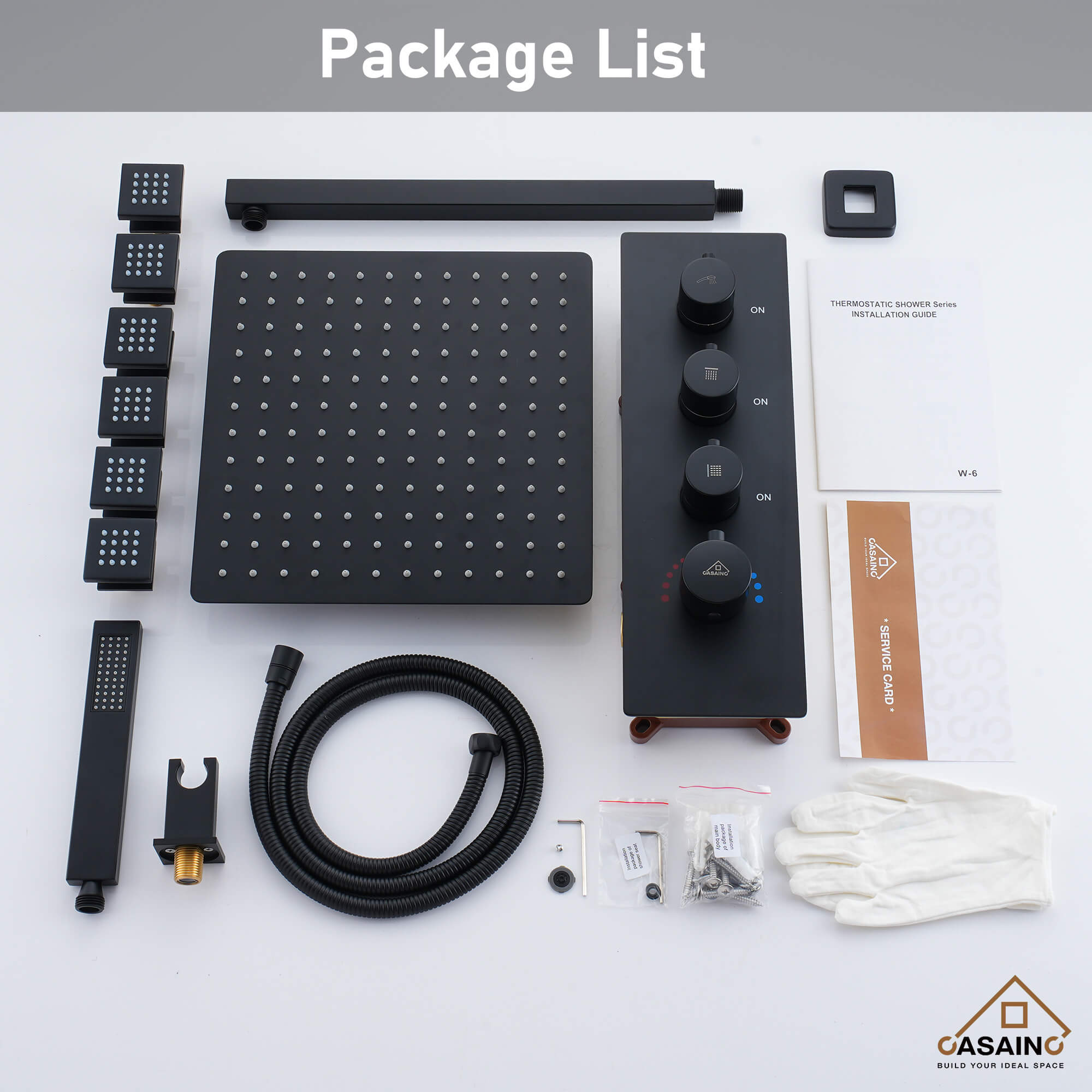 CASAINC Luxury 12 in. Thermostatic Wall Mounted Rainfall Shower Faucet Dual Shower Heads System With 6 Body Jets