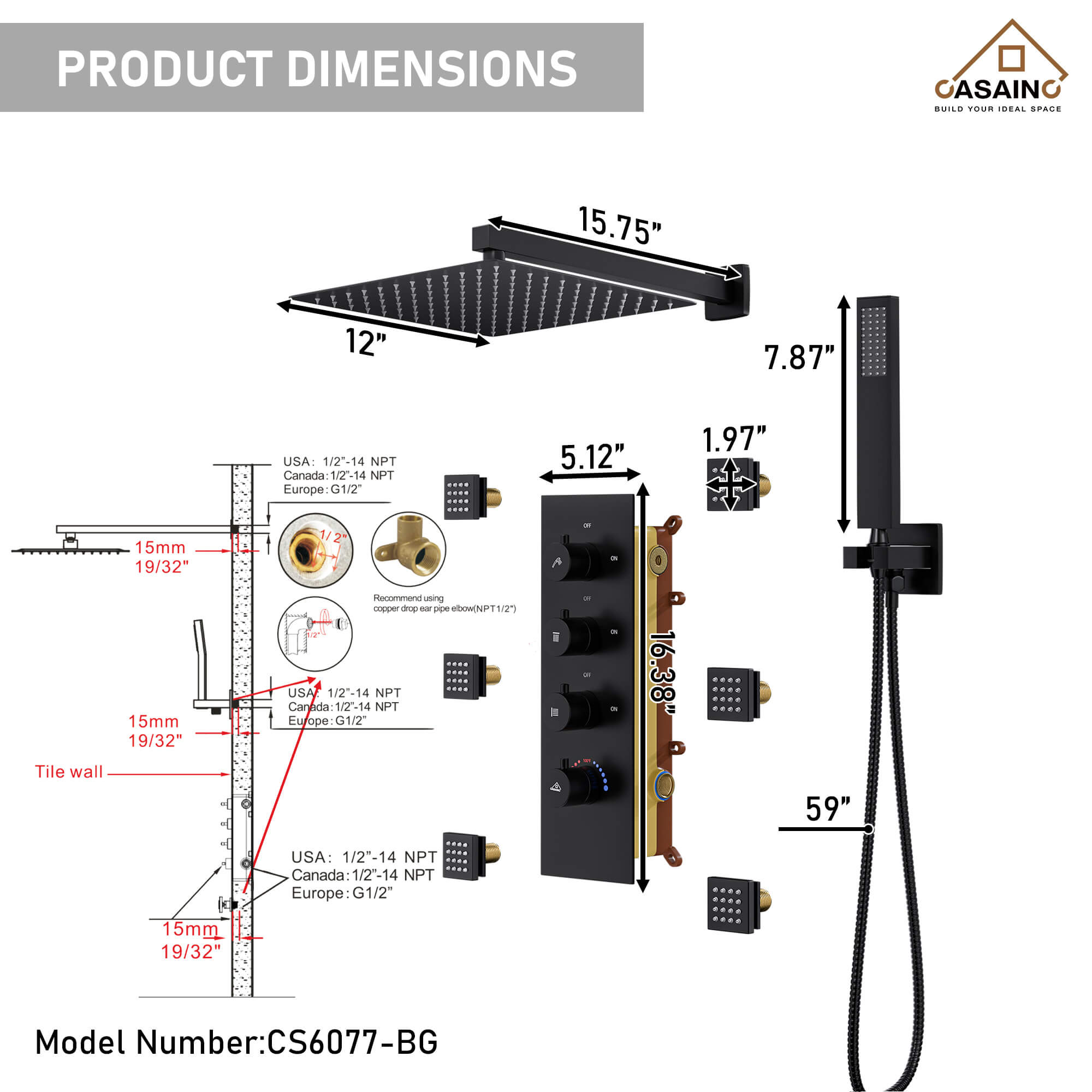 CASAINC Luxury 12 in. Thermostatic Wall Mounted Rainfall Shower Faucet Dual Shower Heads System With 6 Body Jets