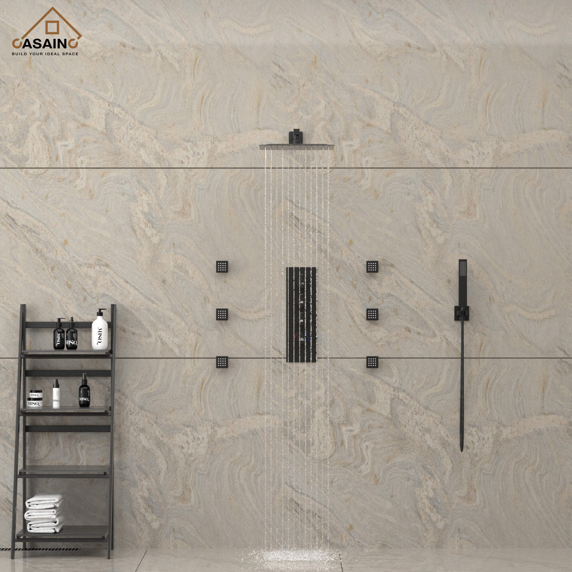CASAINC Luxury 12 in. Thermostatic Wall Mounted Rainfall Shower Faucet Dual Shower Heads System With 6 Body Jets