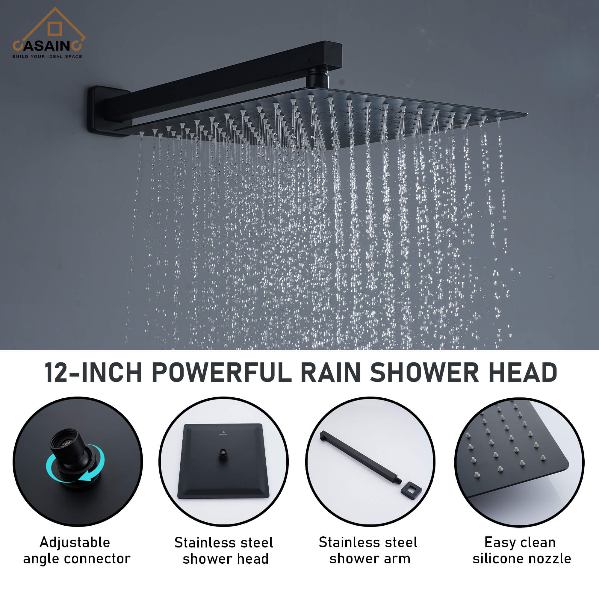 CASAINC Luxury 12 in. Thermostatic Wall Mounted Rainfall Shower Faucet Dual Shower Heads System With 6 Body Jets