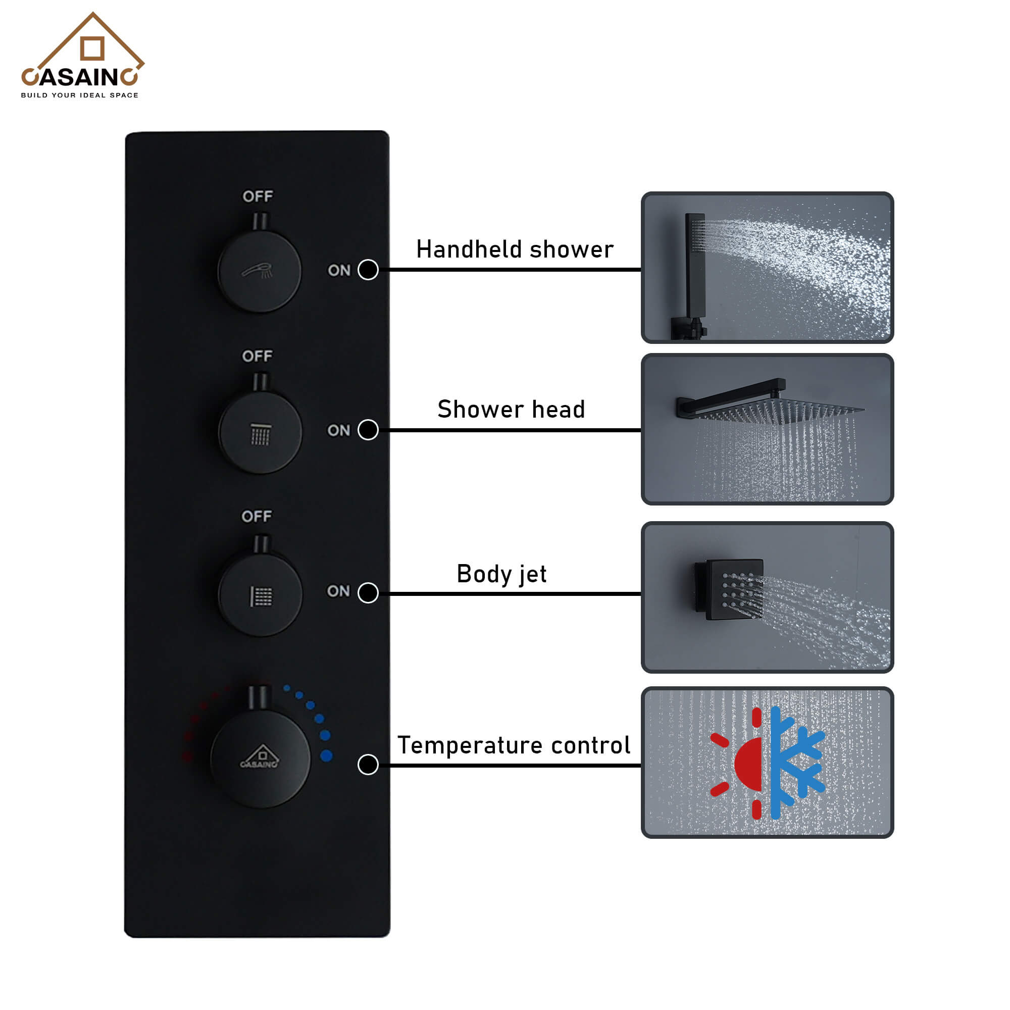 CASAINC Luxury 12 in. Thermostatic Wall Mounted Rainfall Shower Faucet Dual Shower Heads System With 6 Body Jets