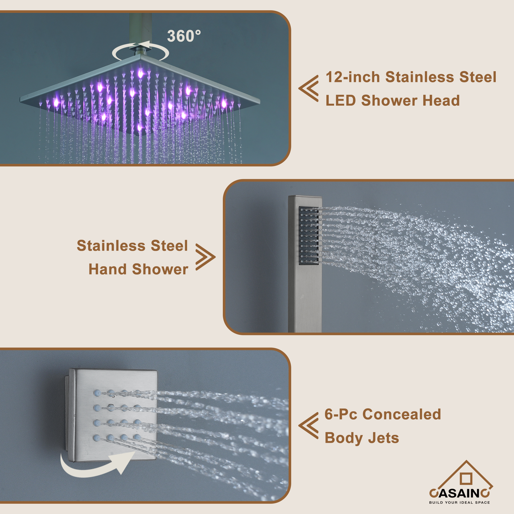 Luxury Celling Mount 12 Inch LED Light Shower Head 3 Function Thermostatic Shower System with 6 Body Jets