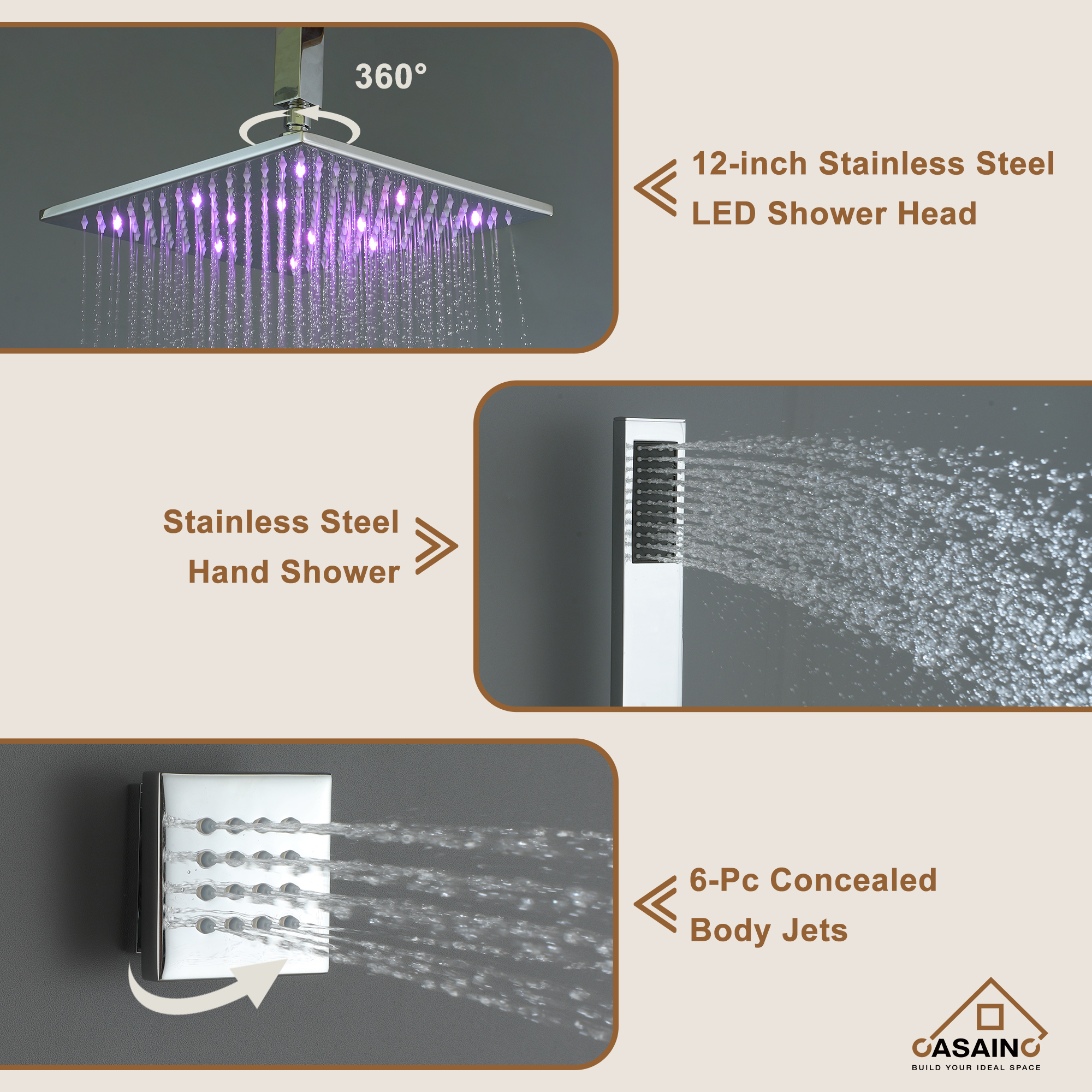 Luxury Celling Mount 12 Inch LED Light Shower Head 3 Function Thermostatic Shower System with 6 Body Jets