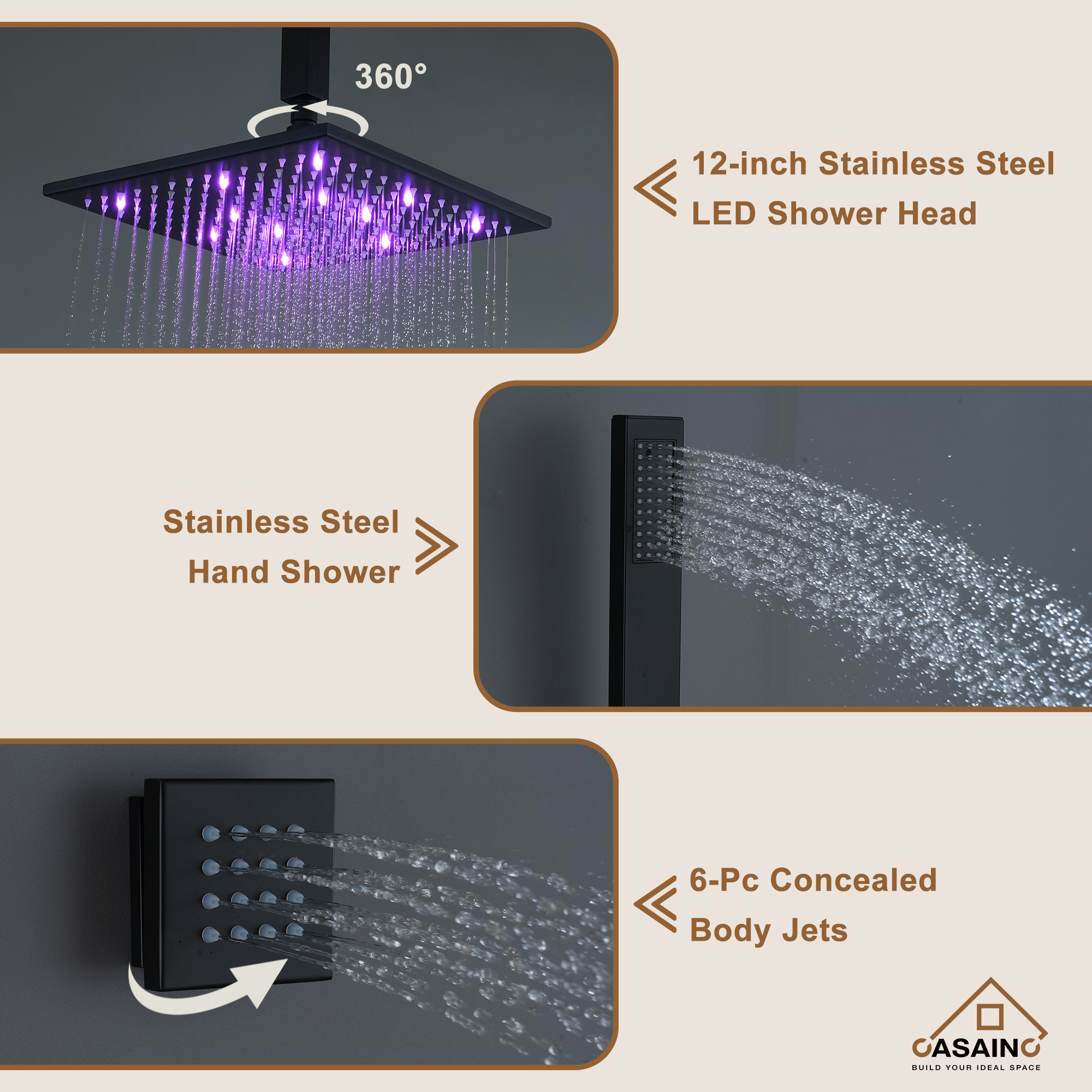 Luxury Celling Mount 12 Inch LED Light Shower Head 3 Function Thermostatic Shower System with 6 Body Jets