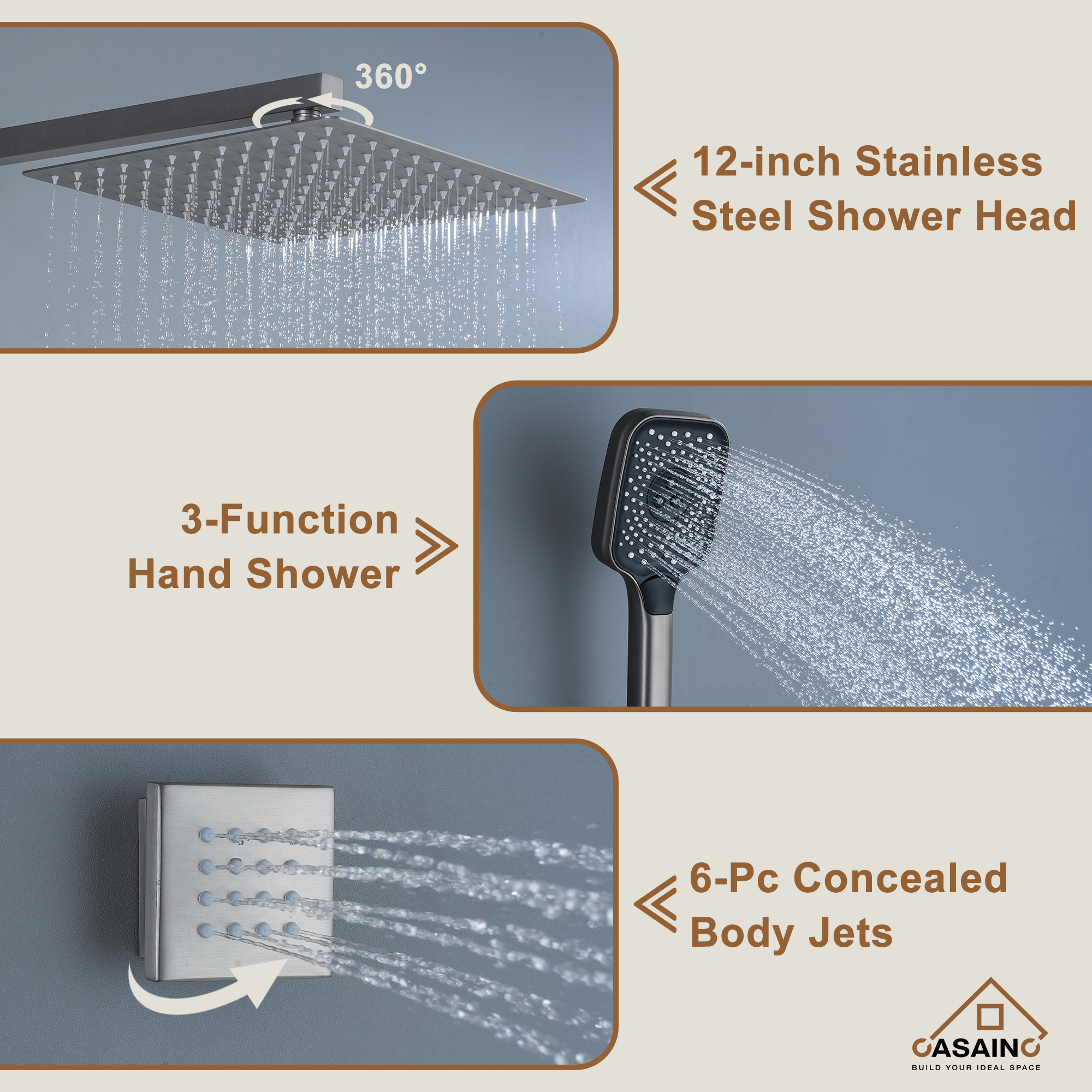 Wall Mount 12 Inch Rainfall Shower Head 3 Function Thermostatic Shower System  with 6 Body Jets