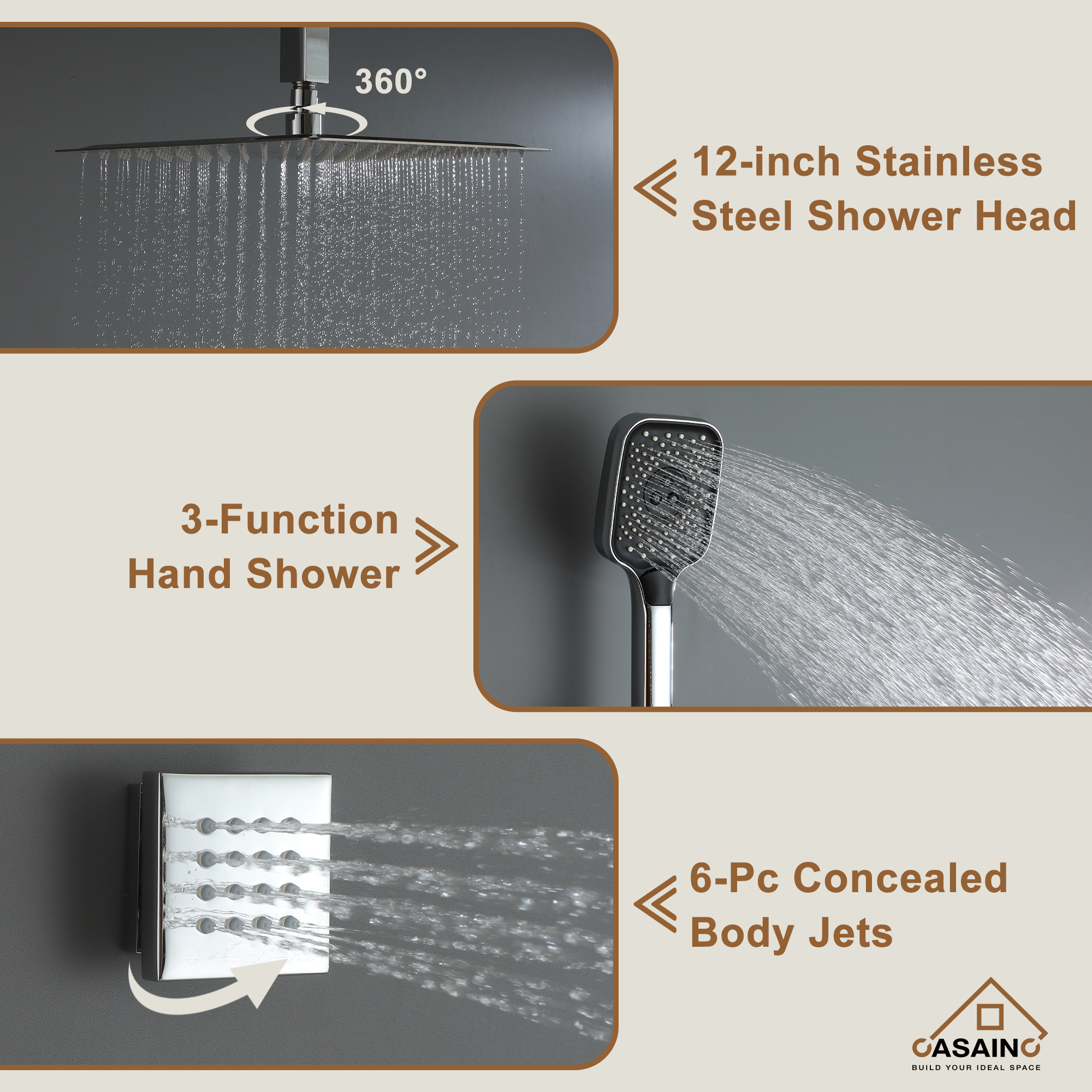 Celling Mount 12 Inch Rainfall Shower Head 3 Function Thermostatic Shower System  with 6 Body Jets