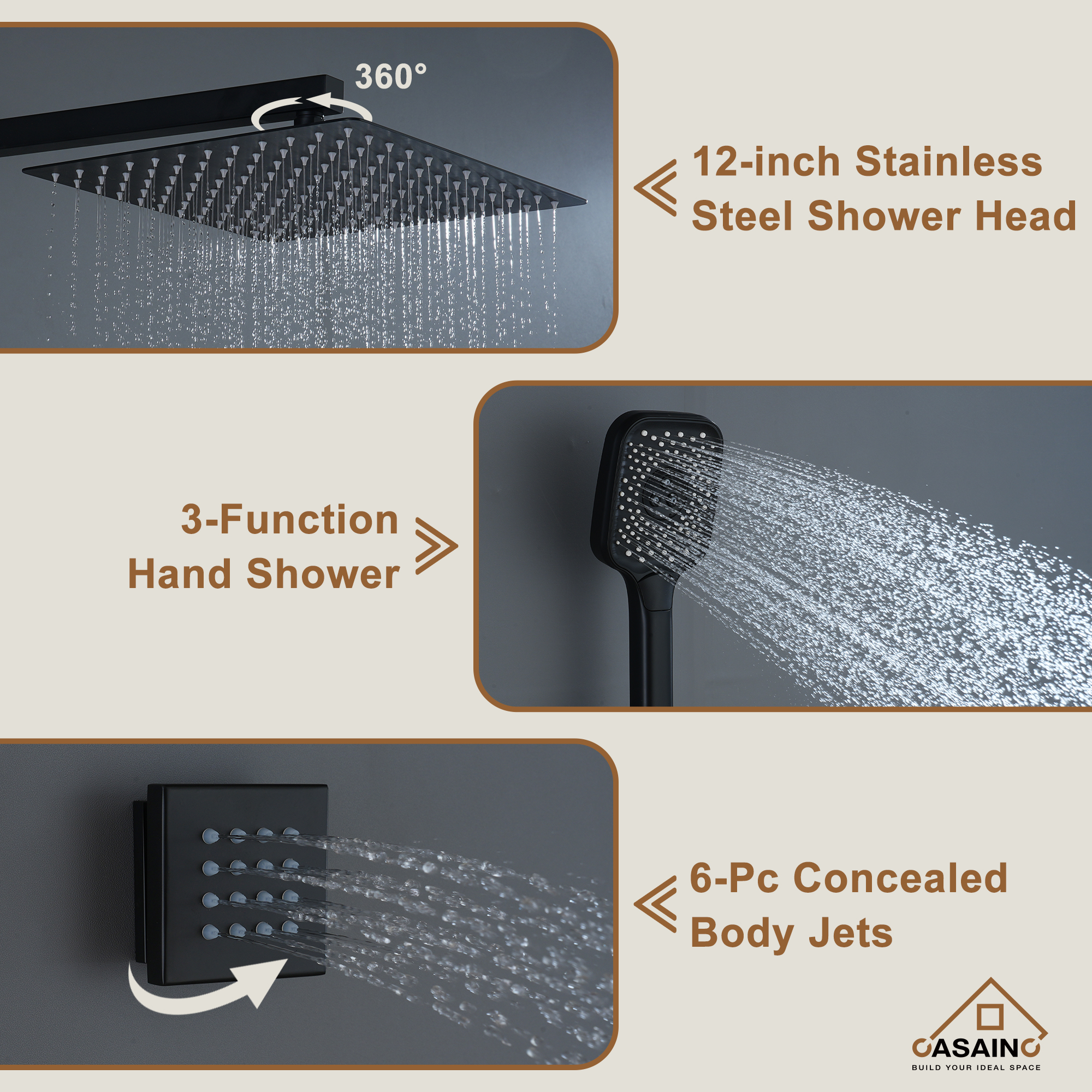 Wall Mount 12 Inch Rainfall Shower Head 3 Function Thermostatic Shower System  with 6 Body Jets