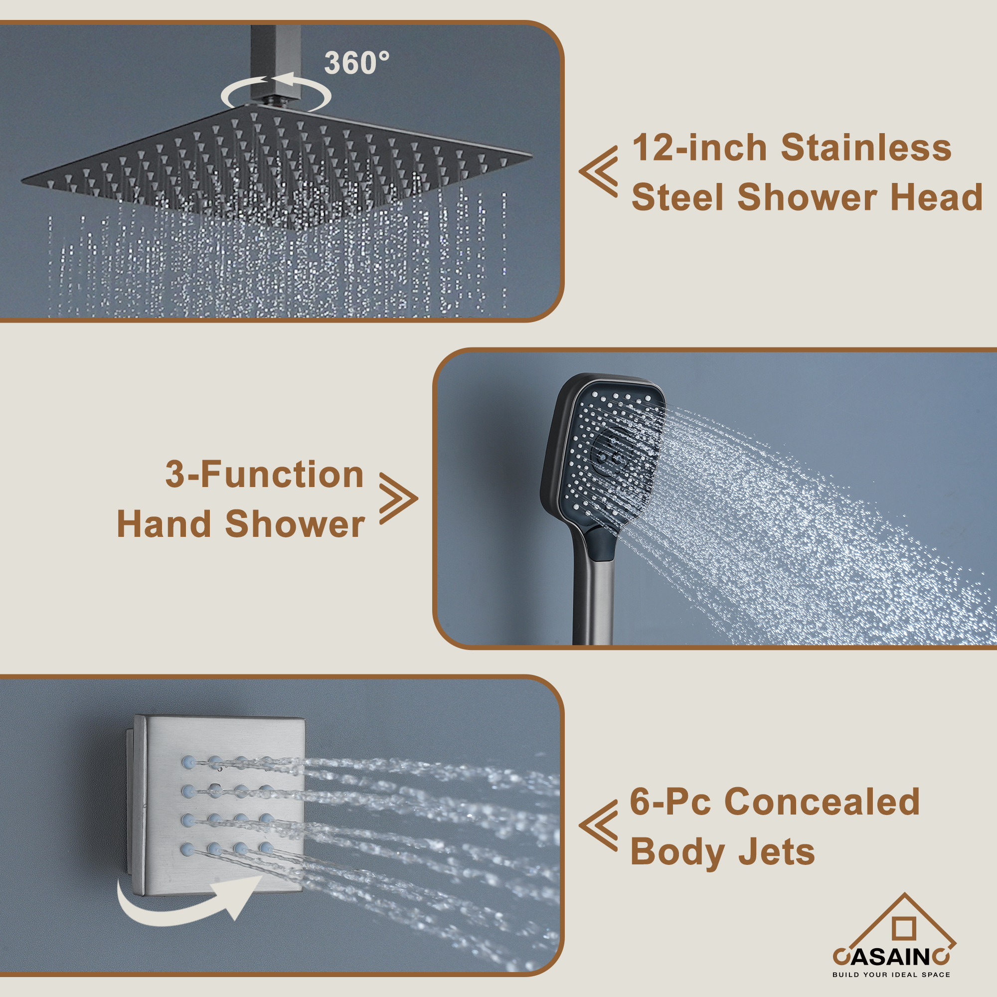 Celling Mount 12 Inch Rainfall Shower Head 3 Function Thermostatic Shower System  with 6 Body Jets