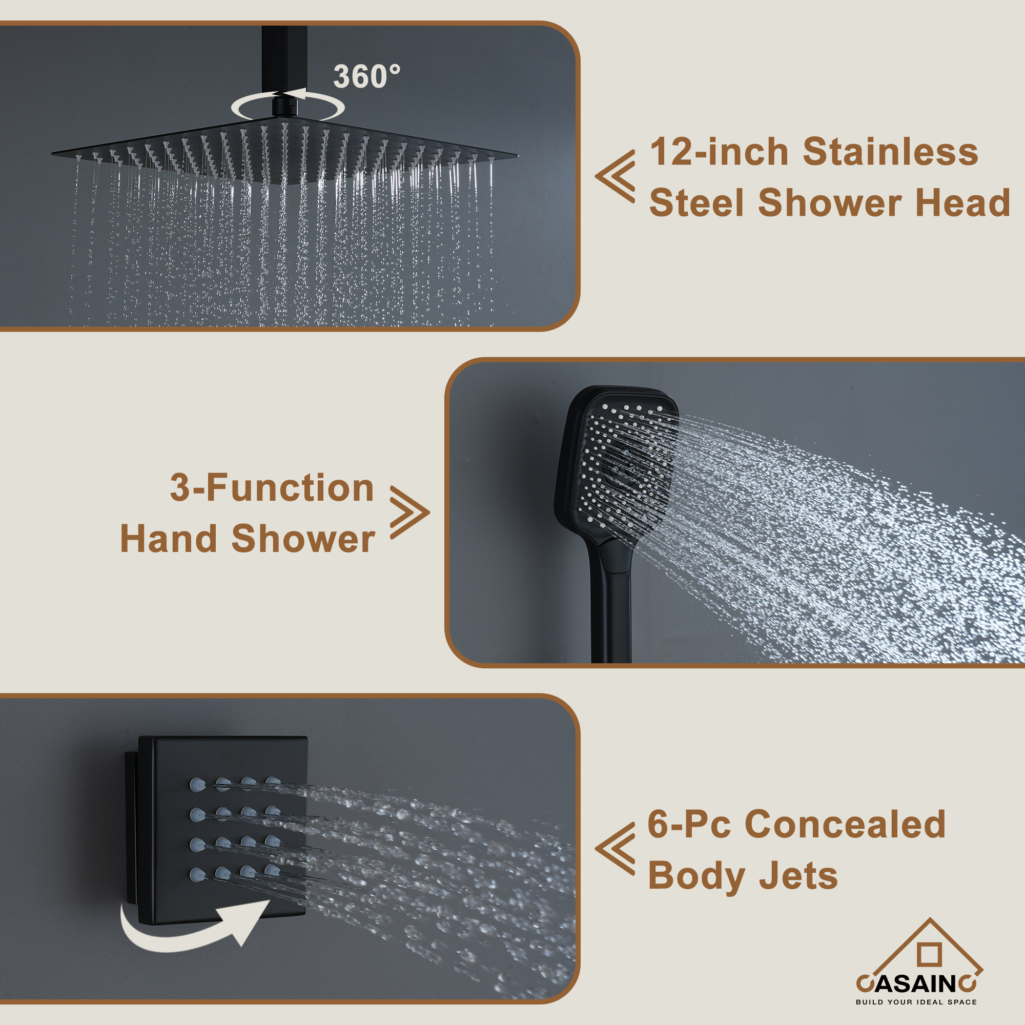 12 In. Celling Mount Rainfall Shower Head Thermostatic Shower System