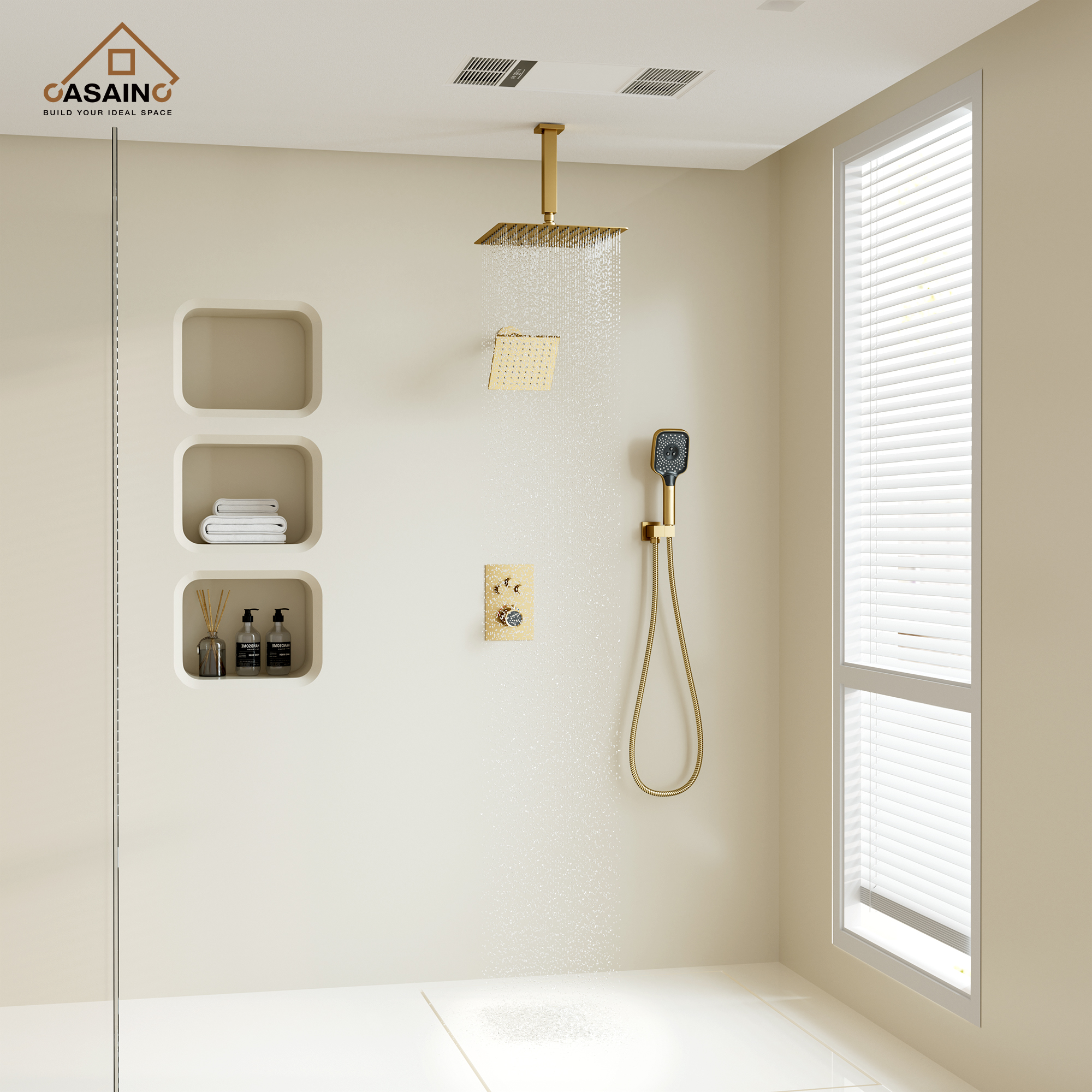 Celling Mount 12 Inch Rainfall Shower Head 3 Function Thermostatic Shower System  Wth Wall Mount 6 Inch Regular Shower Head