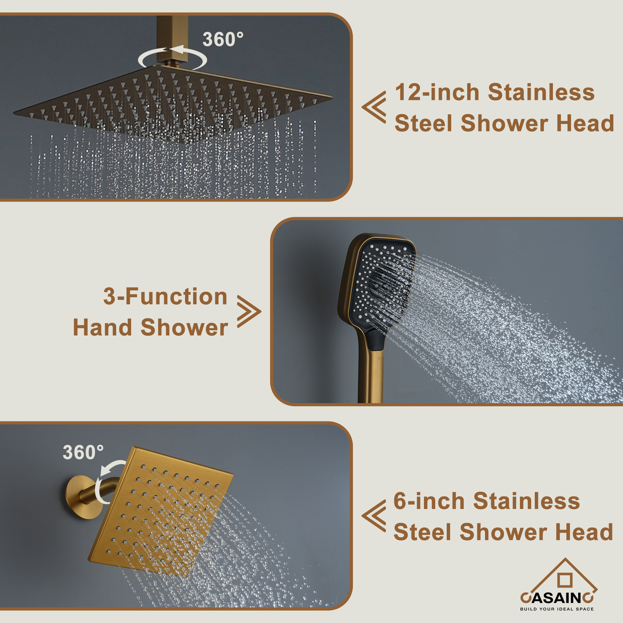 Celling Mount 12 Inch Rainfall Shower Head 3 Function Thermostatic Shower System  Wth Wall Mount 6 Inch Regular Shower Head