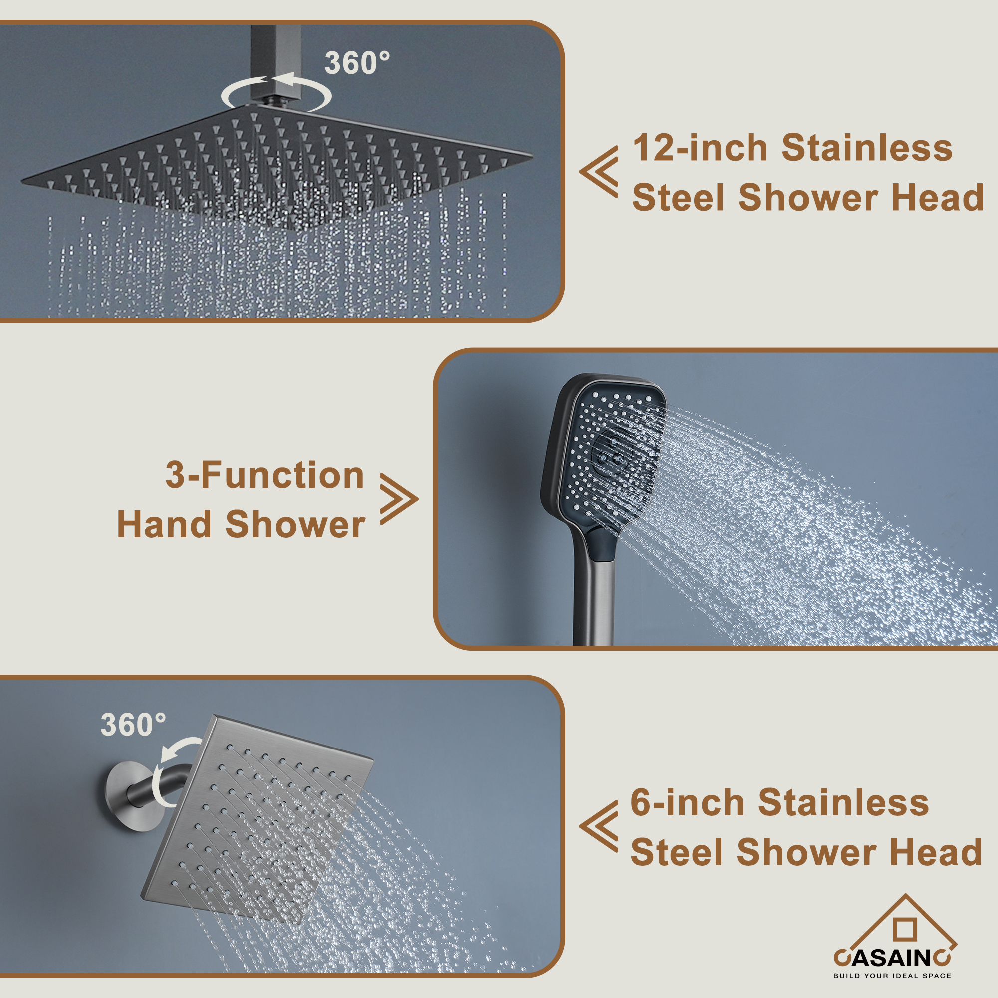 Celling Mount 12 Inch Rainfall Shower Head 3 Function Thermostatic Shower System  Wth Wall Mount 6 Inch Regular Shower Head
