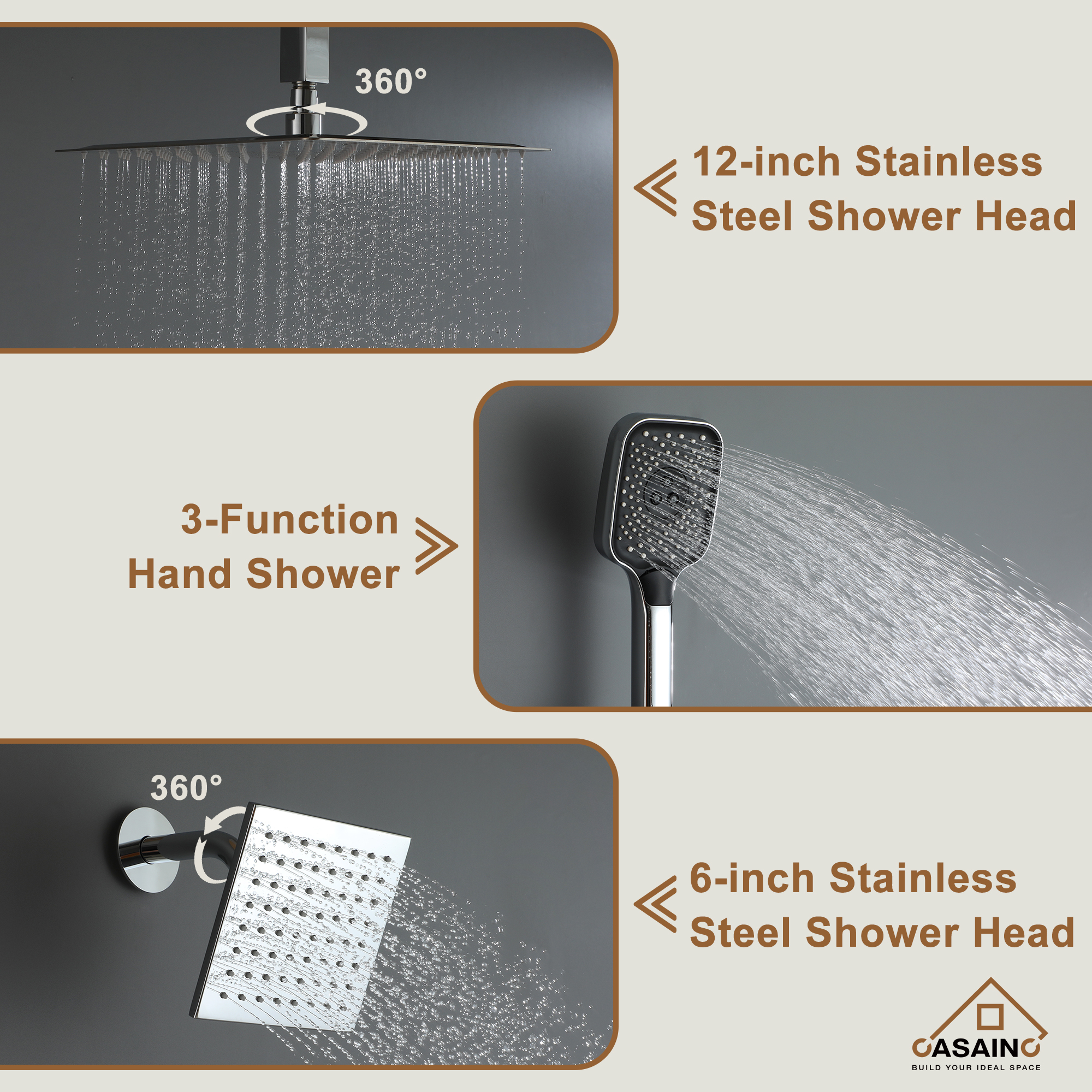 Celling Mount 12 Inch Rainfall Shower Head 3 Function Thermostatic Shower System  Wth Wall Mount 6 Inch Regular Shower Head