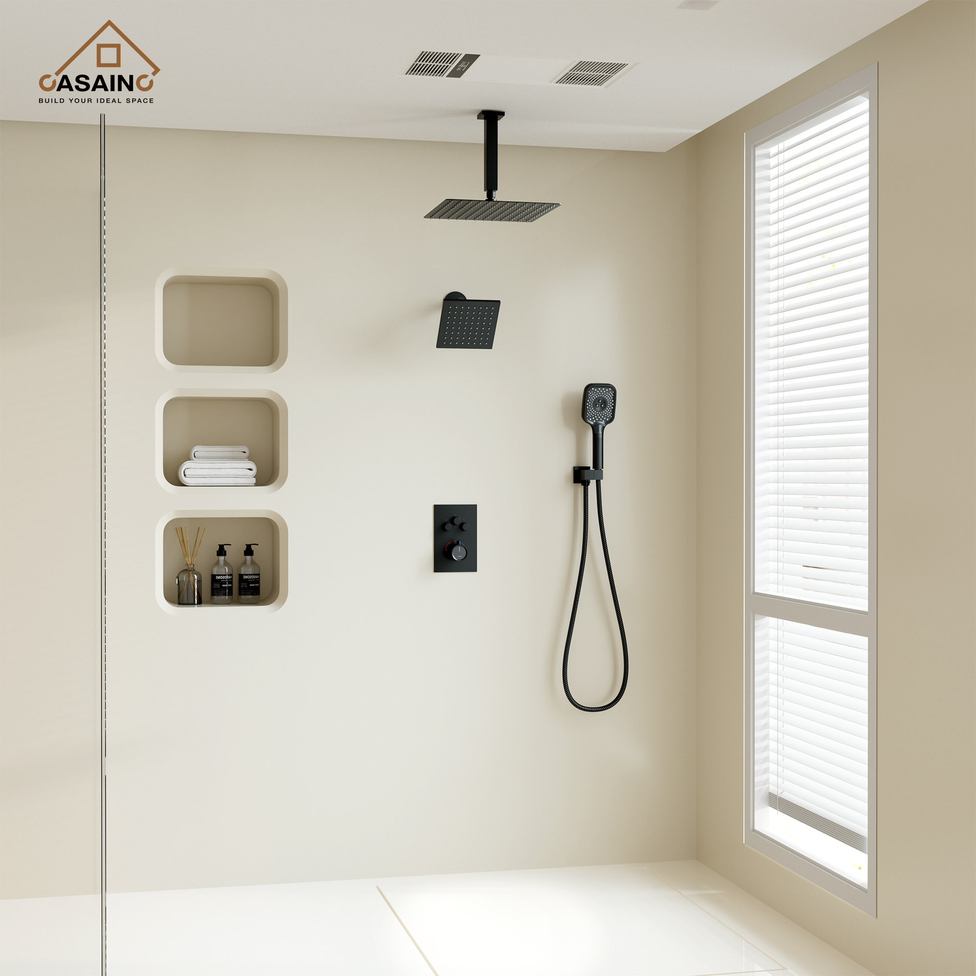 Celling Mount 12 Inch Rainfall Shower Head 3 Function Thermostatic Shower System  Wth Wall Mount 6 Inch Regular Shower Head