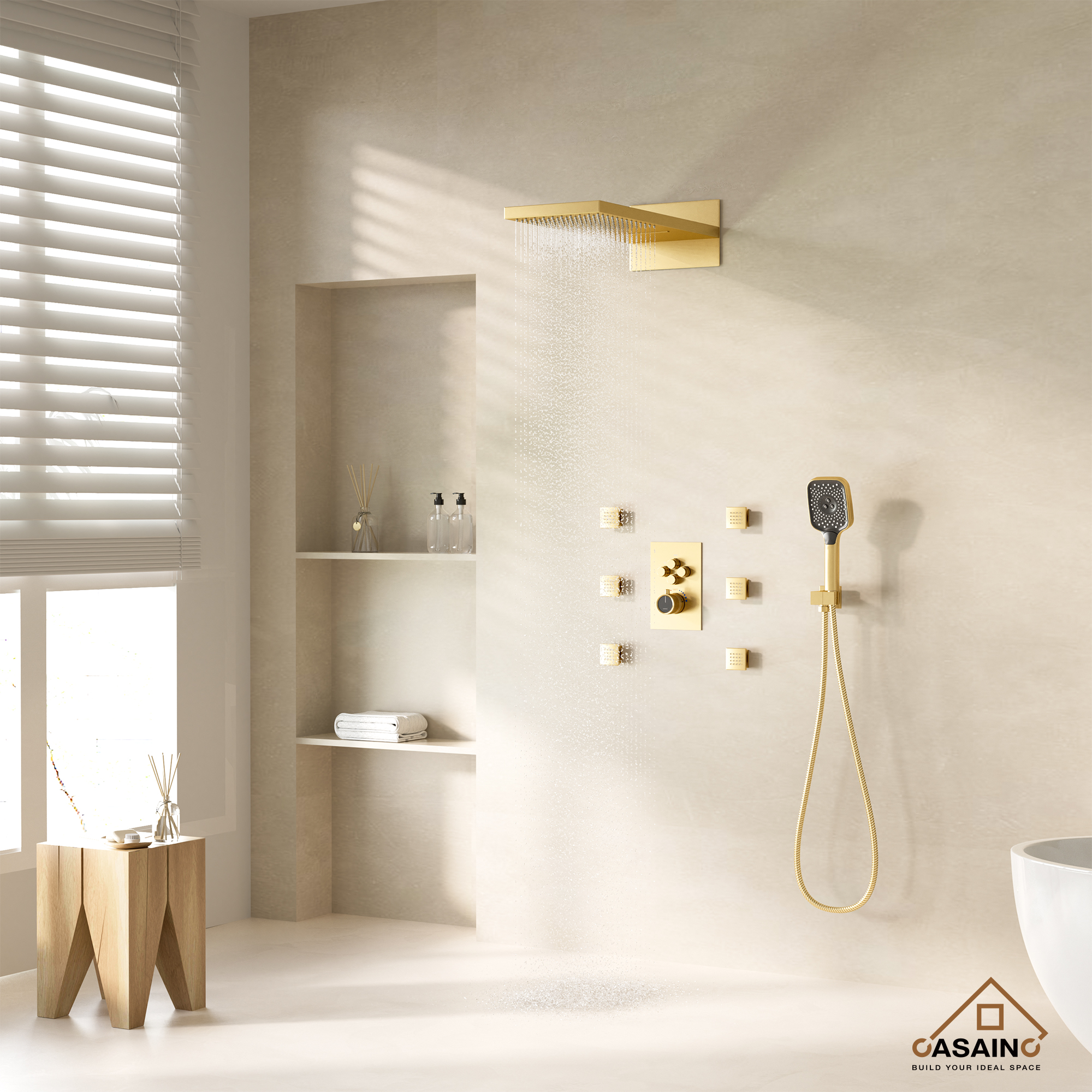 Wall Mounted 20 Inch Rectangular Dual-function Rainfall Shower Head 4 Function Thermostatic Shower System , With  6 Body Jets