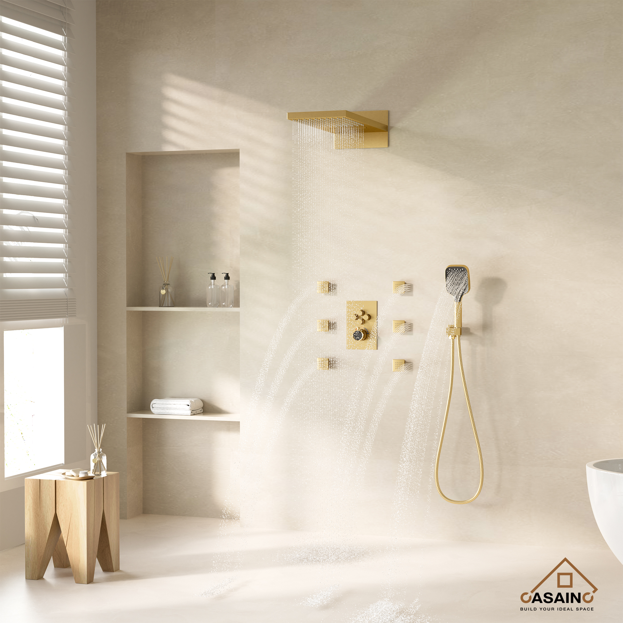 Wall Mounted 20 Inch Rectangular Dual-function Rainfall Shower Head 4 Function Thermostatic Shower System , With  6 Body Jets