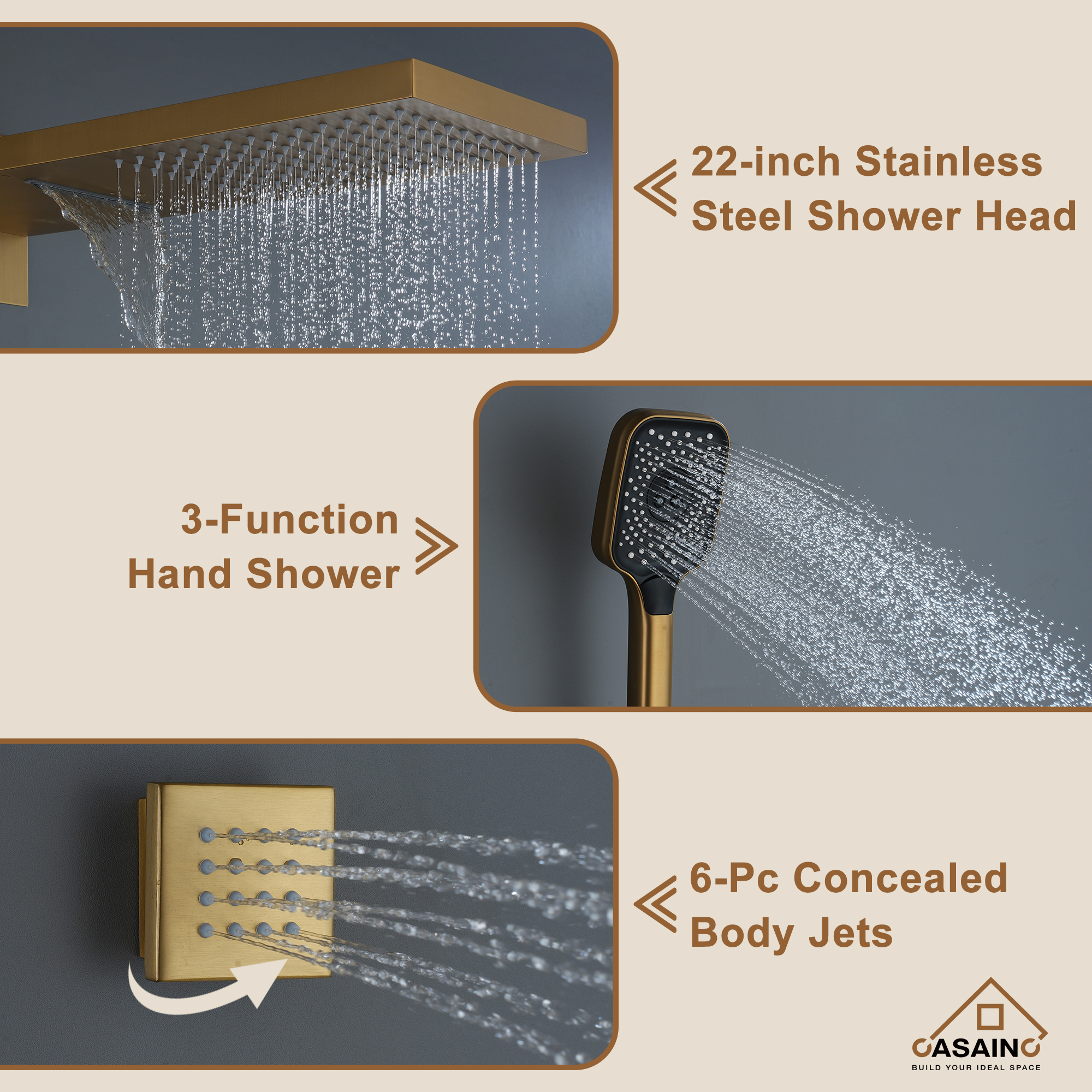 Wall Mounted 20 Inch Rectangular Dual-function Rainfall Shower Head 4 Function Thermostatic Shower System , With  6 Body Jets