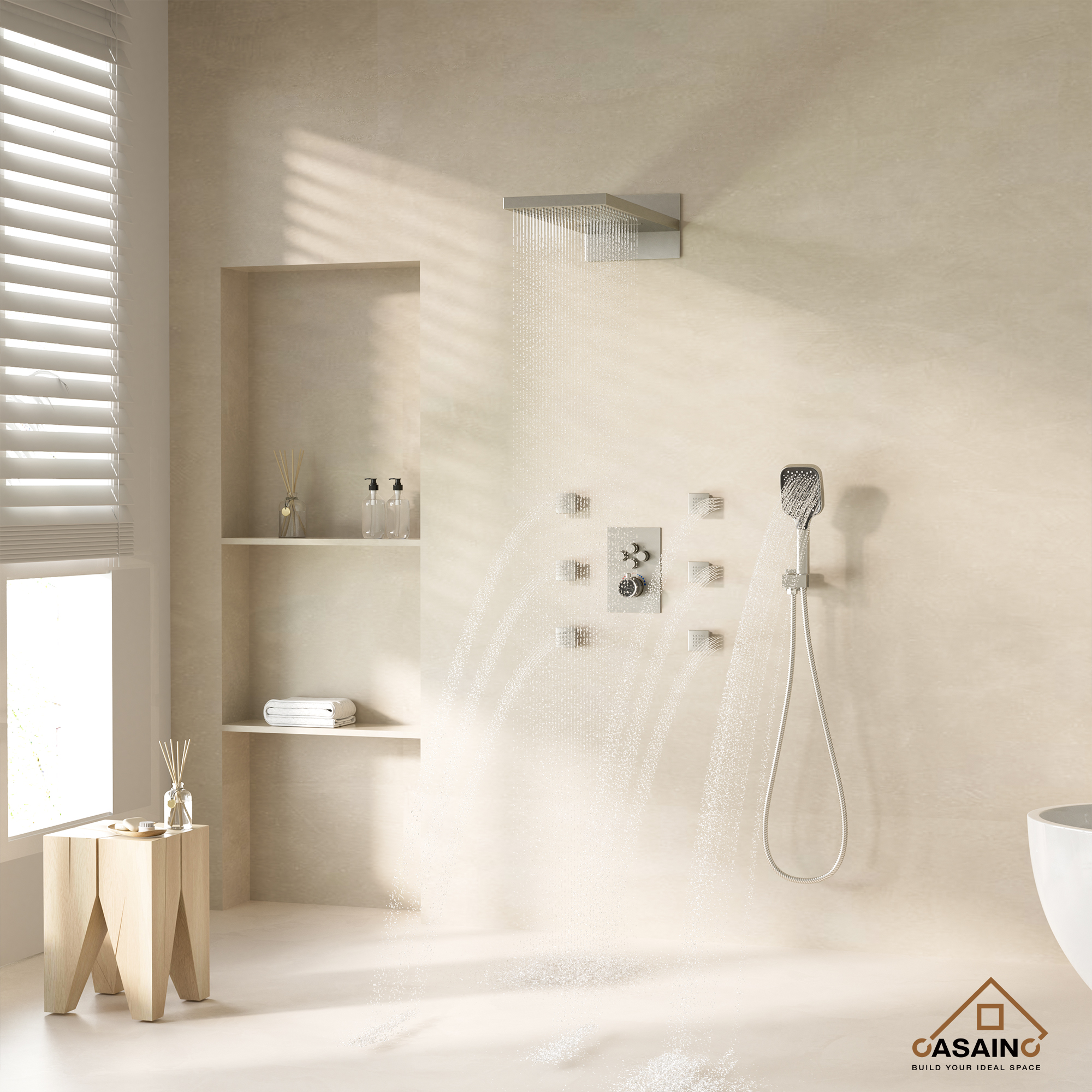 Wall Mounted 20 Inch Rectangular Dual-function Rainfall Shower Head 4 Function Thermostatic Shower System , With  6 Body Jets