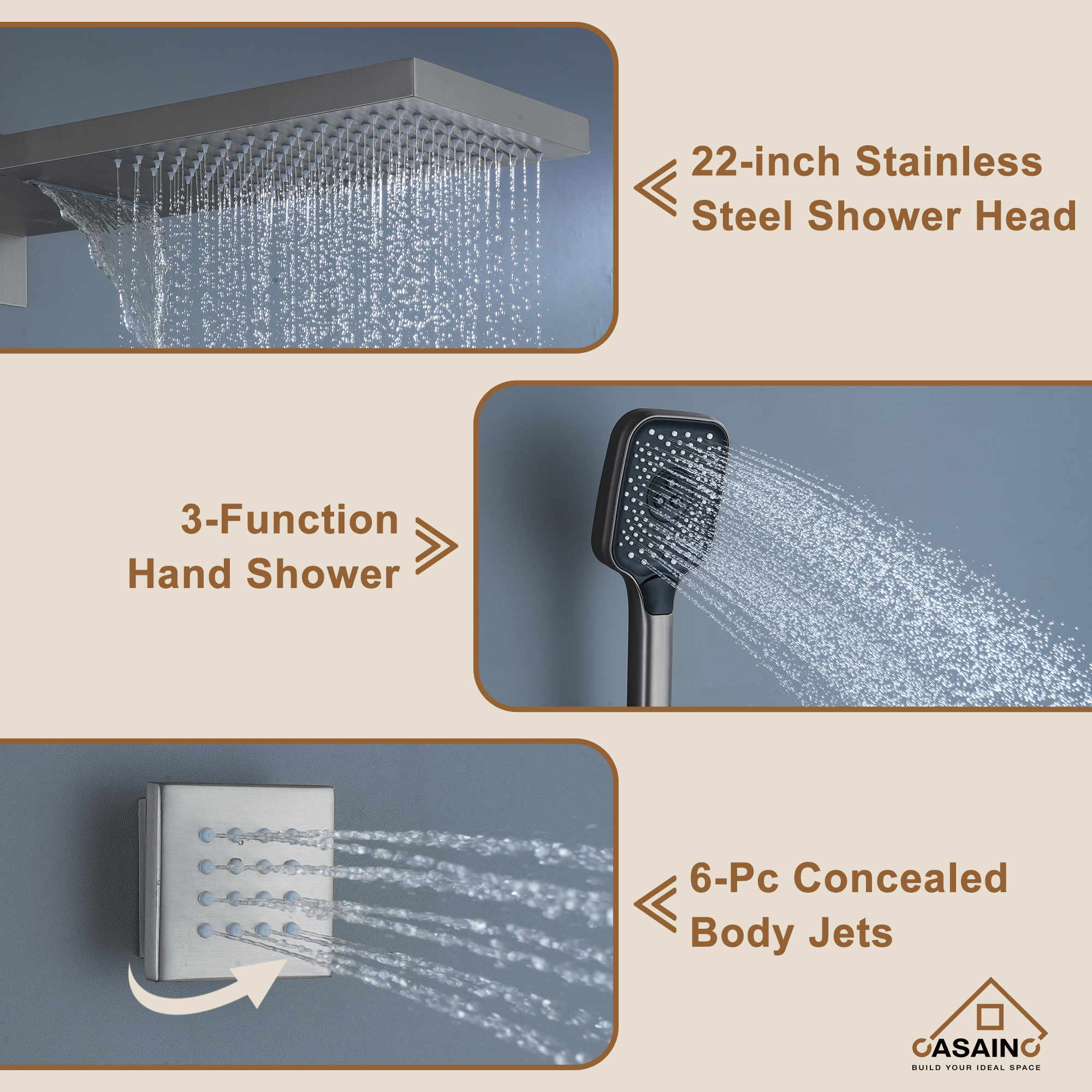 Wall Mounted 20 Inch Rectangular Dual-function Rainfall Shower Head 4 Function Thermostatic Shower System , With  6 Body Jets