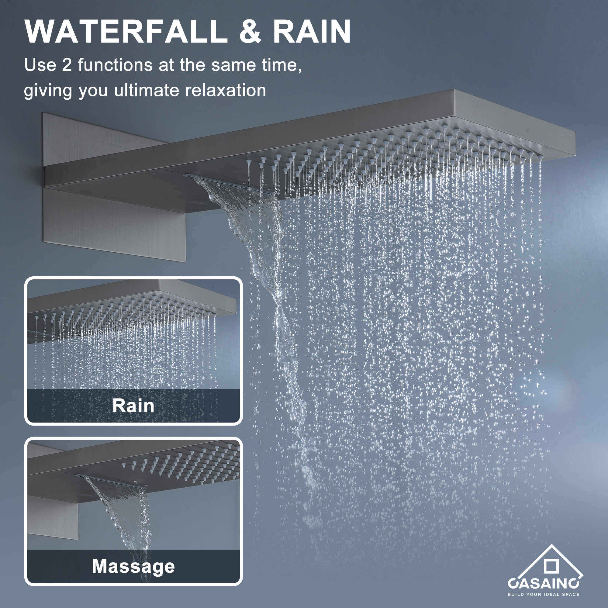 Wall Mounted 20 Inch Rectangular Dual-function Rainfall Shower Head 4 Function Thermostatic Shower System , With  6 Body Jets