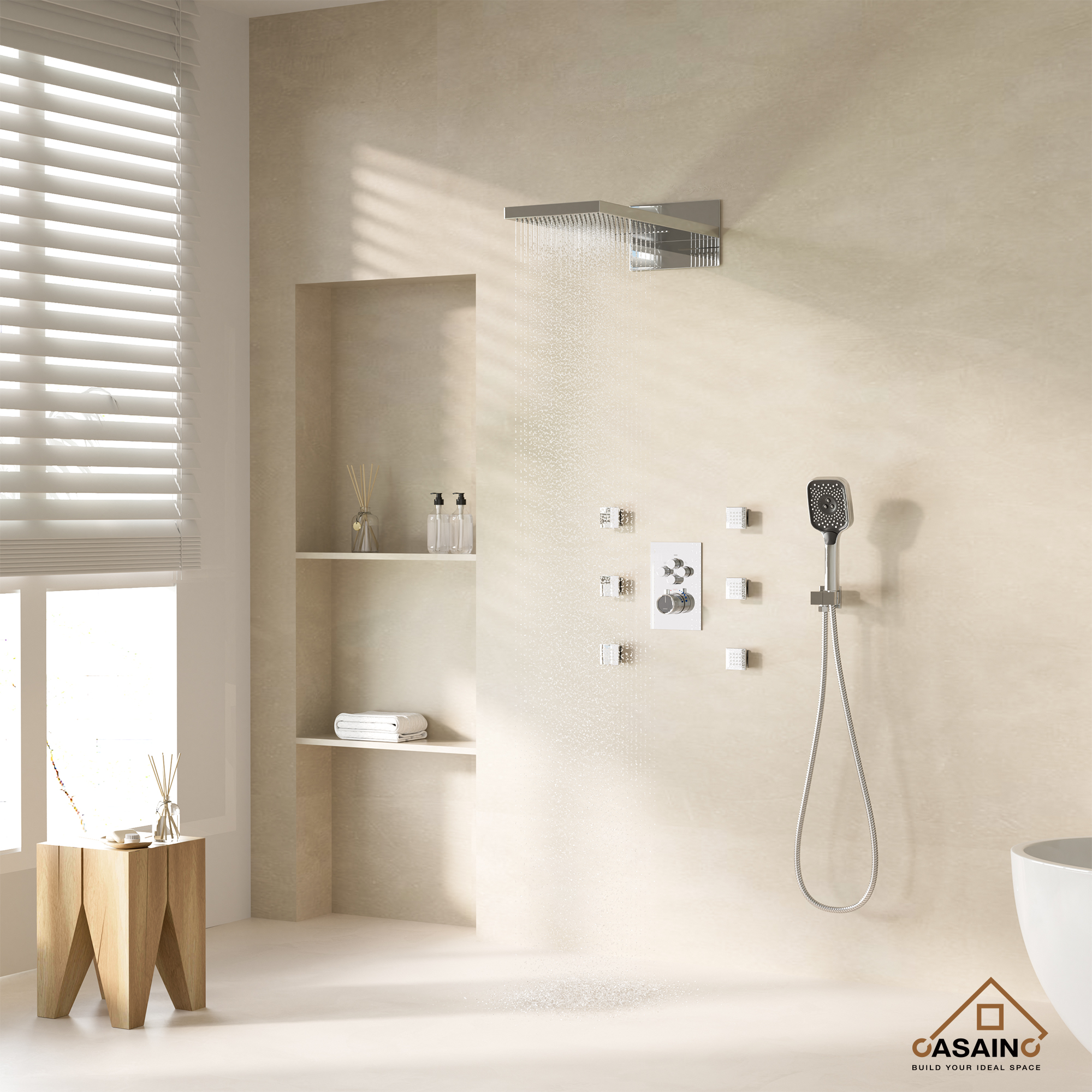 Wall Mounted 20 Inch Rectangular Dual-function Rainfall Shower Head 4 Function Thermostatic Shower System , With  6 Body Jets