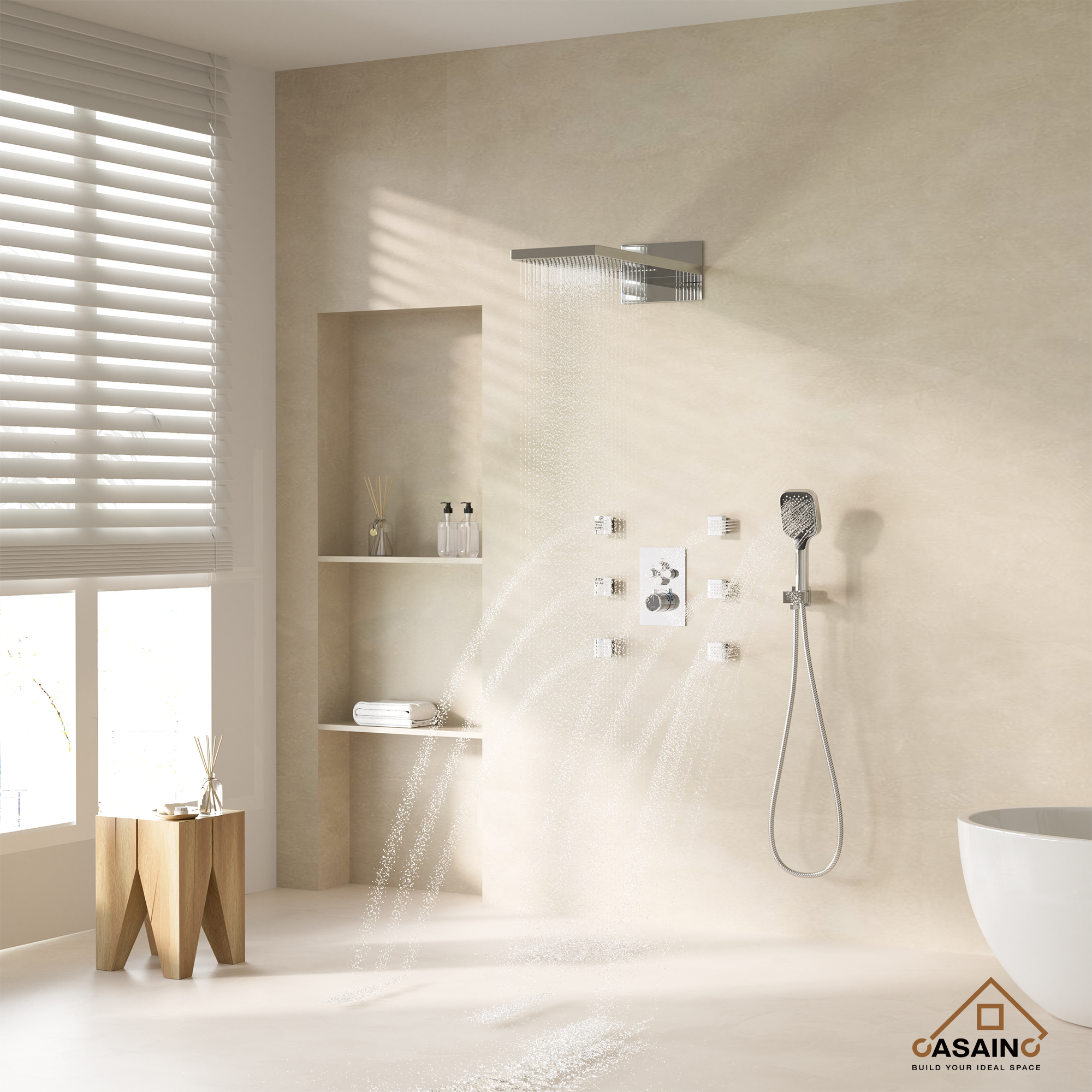 Wall Mounted 20 Inch Rectangular Dual-function Rainfall Shower Head 4 Function Thermostatic Shower System , With  6 Body Jets